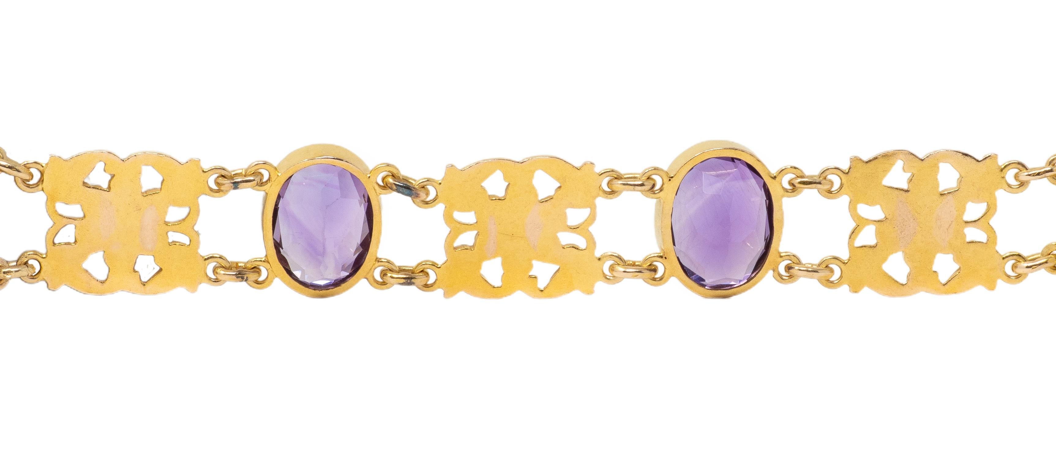 Art Nouveau Amethyst 14 Karat Yellow Gold Antique Floral Link Bracelet