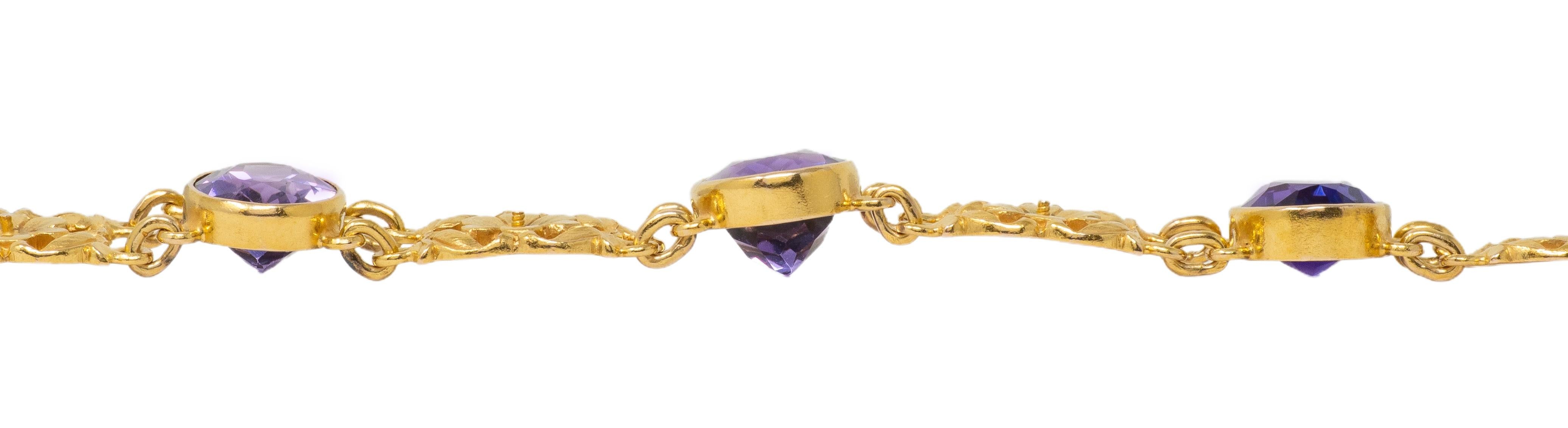 Art Nouveau Amethyst 14 Karat Yellow Gold Antique Floral Link Bracelet