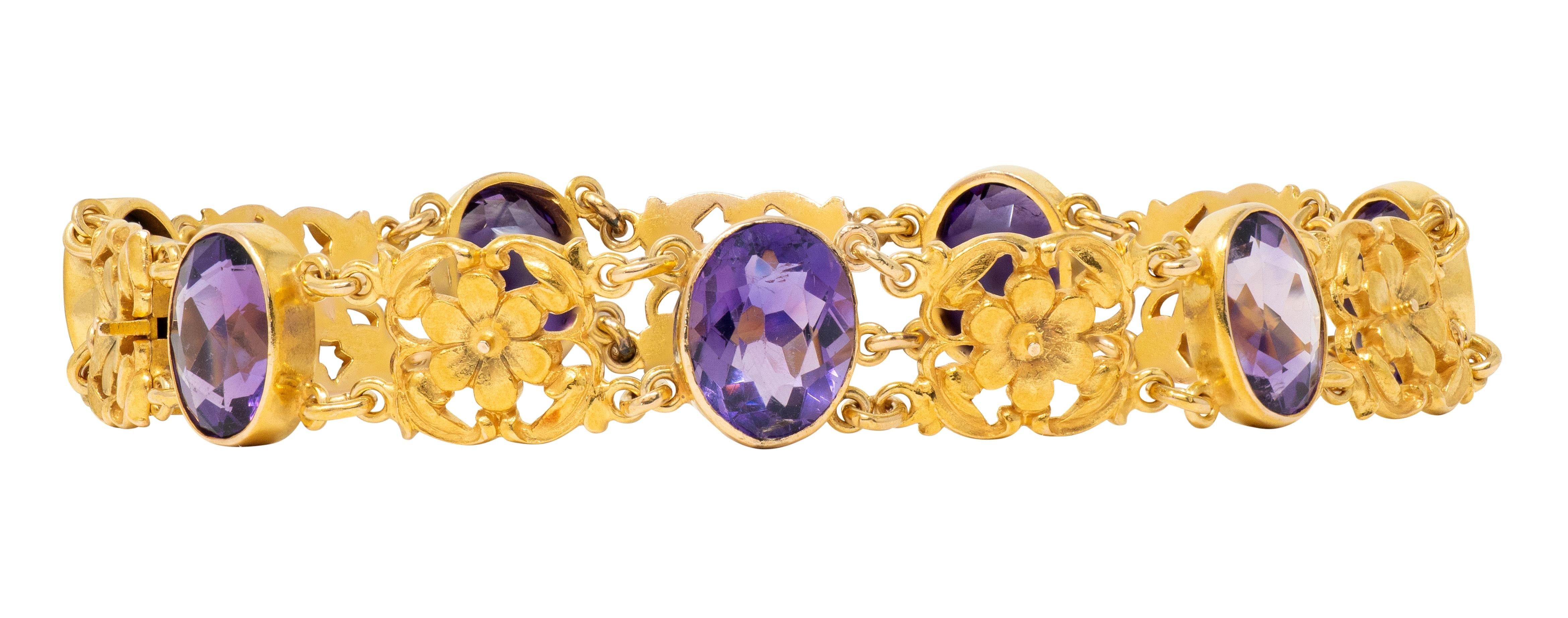 Art Nouveau Amethyst 14 Karat Yellow Gold Antique Floral Link Bracelet
