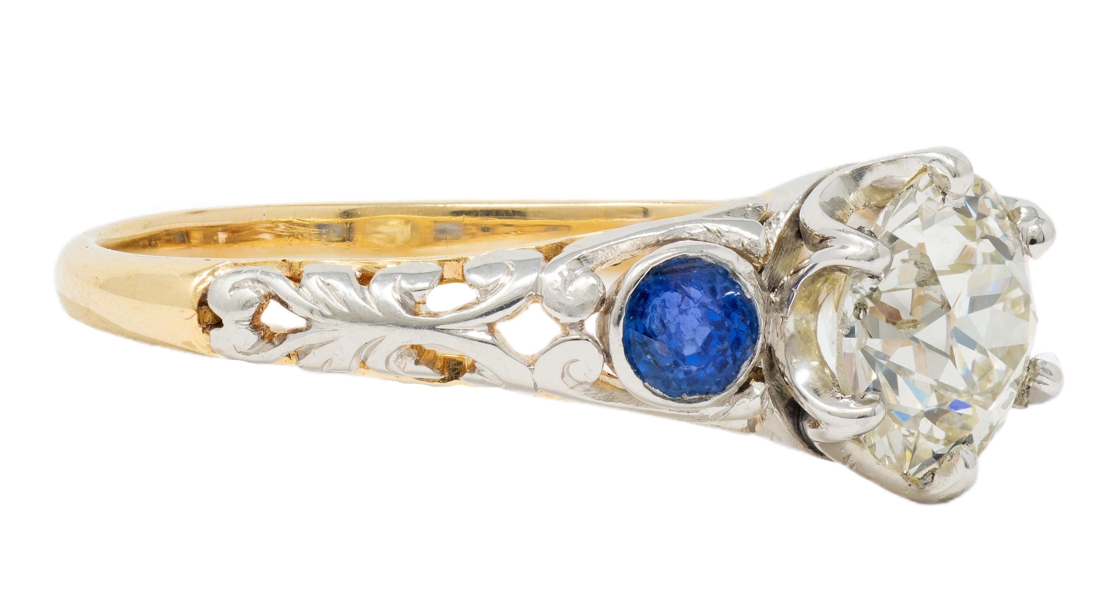 Edwardian European Diamond Sapphire Platinum 18K Antique Engagement Ring