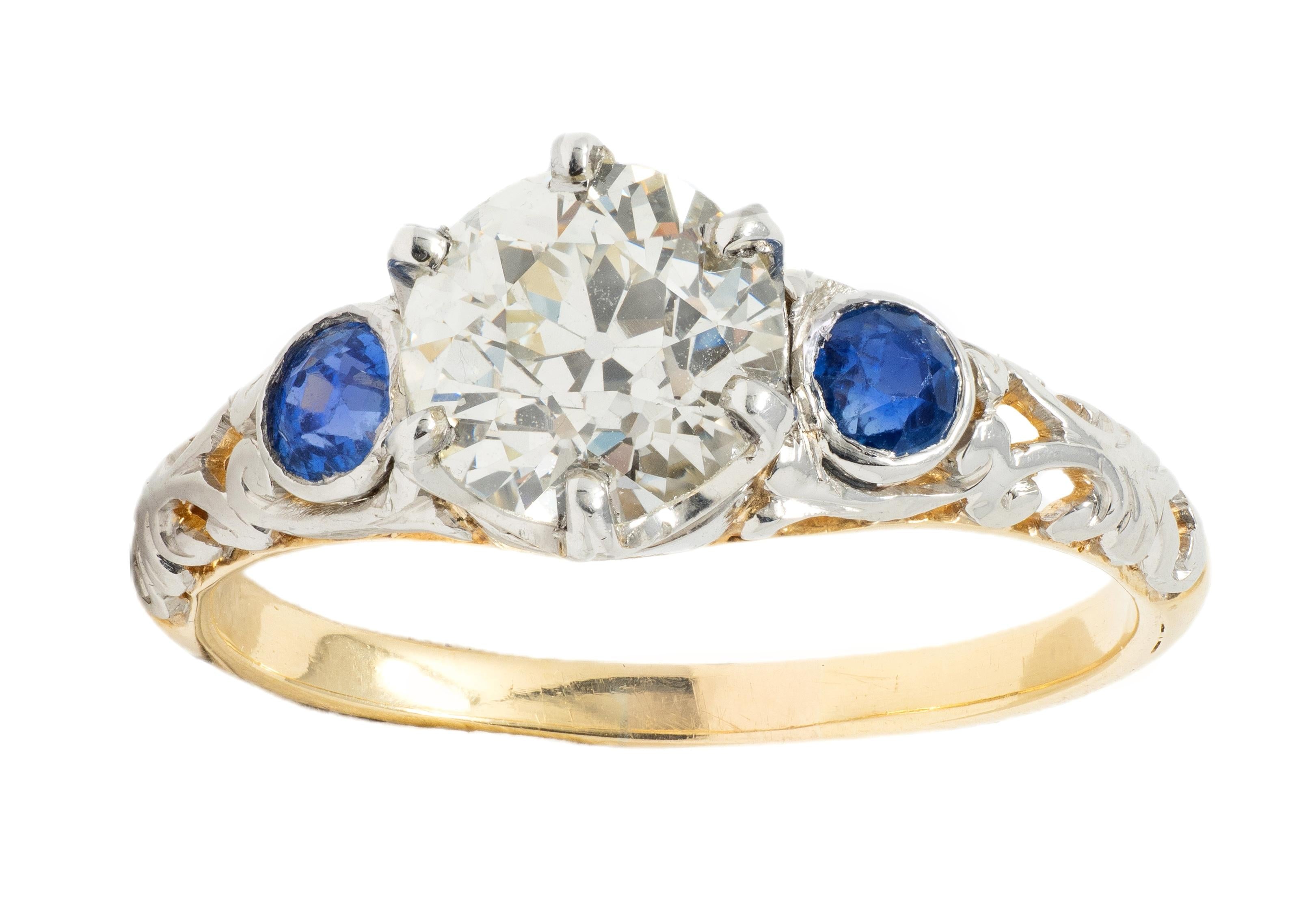 Edwardian European Diamond Sapphire Platinum 18K Antique Engagement Ring