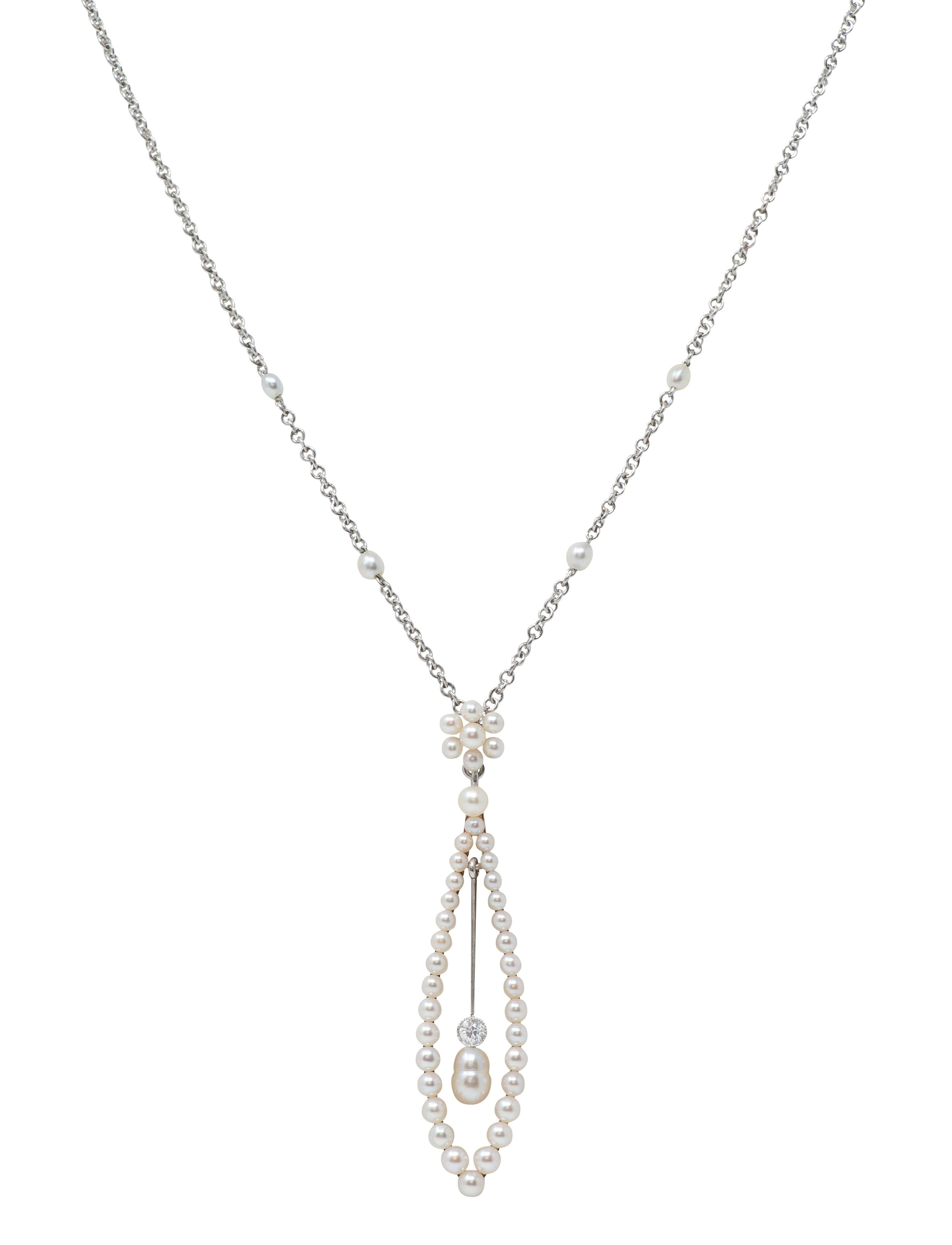 Edwardian Diamond Pearl Platinum 14 Karat Yellow Gold Antique Pendant Necklace