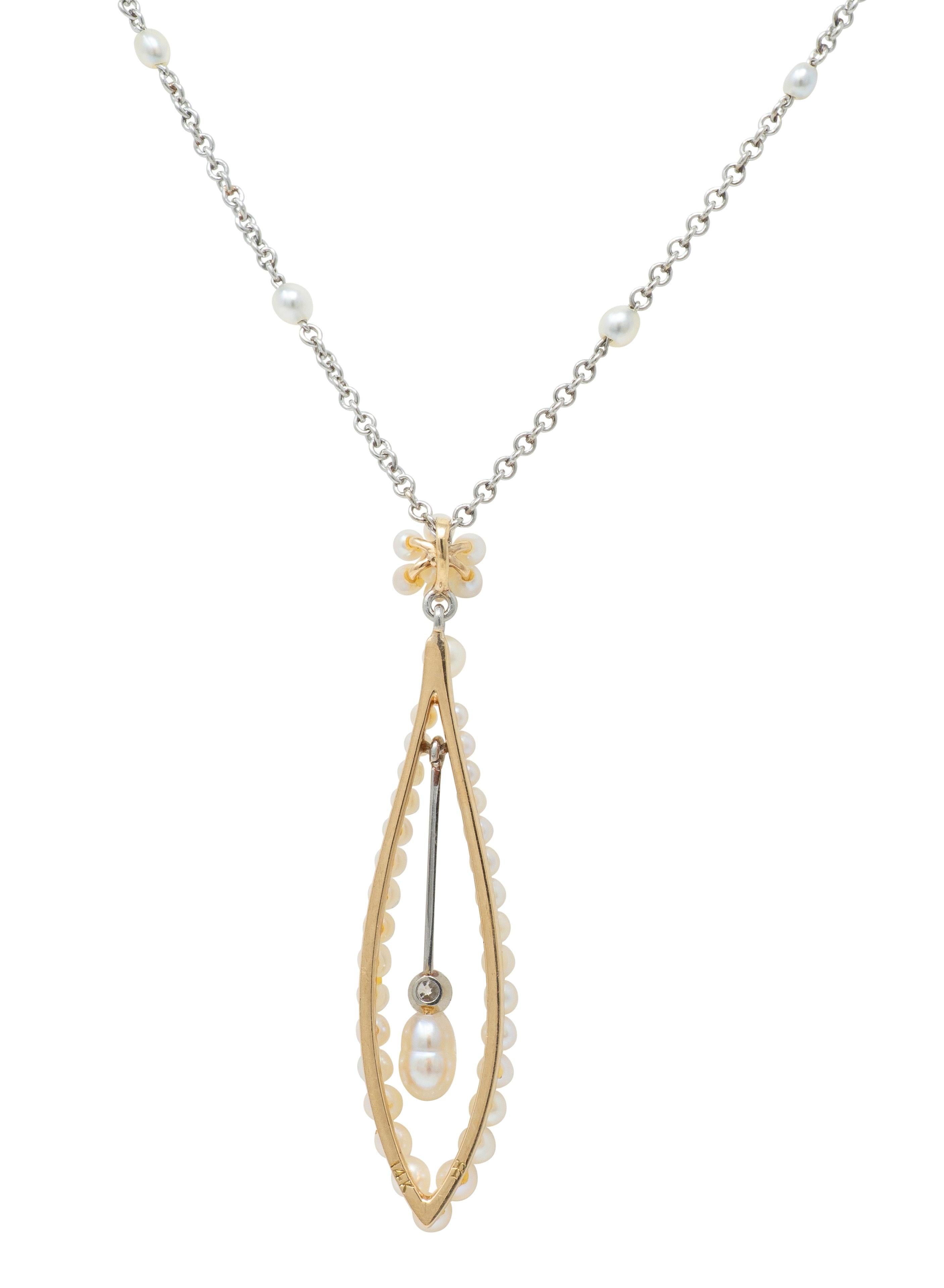 Edwardian Diamond Pearl Platinum 14 Karat Yellow Gold Antique Pendant Necklace