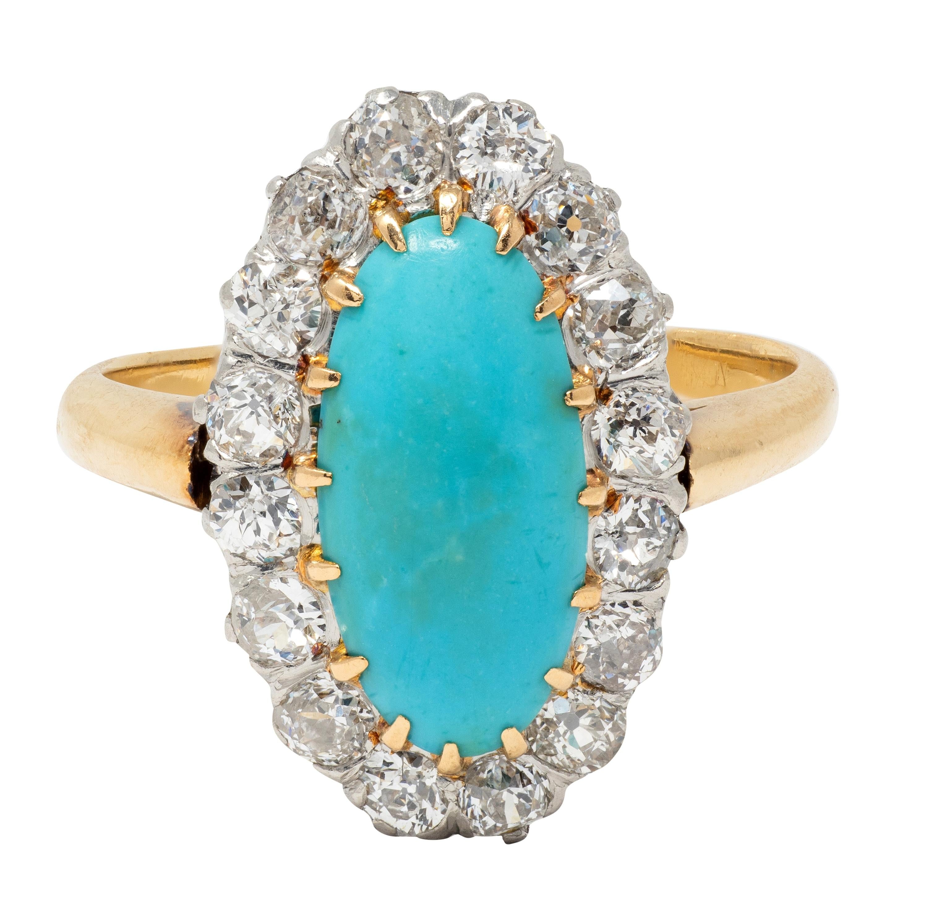 Edwardian Diamond Turquoise Platinum 14 Karat Yellow Gold Antique Halo Ring