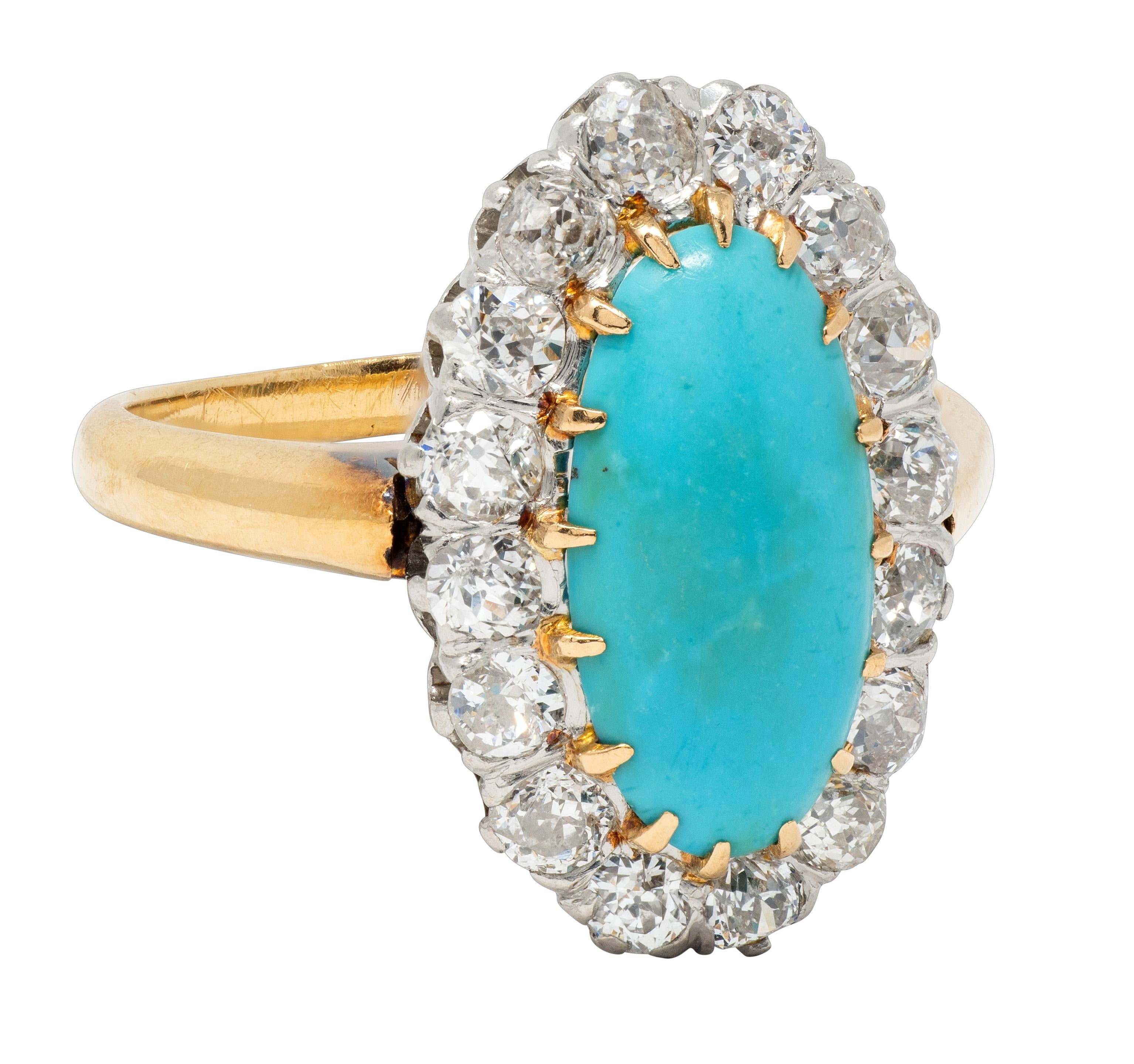 Edwardian Diamond Turquoise Platinum 14 Karat Yellow Gold Antique Halo Ring