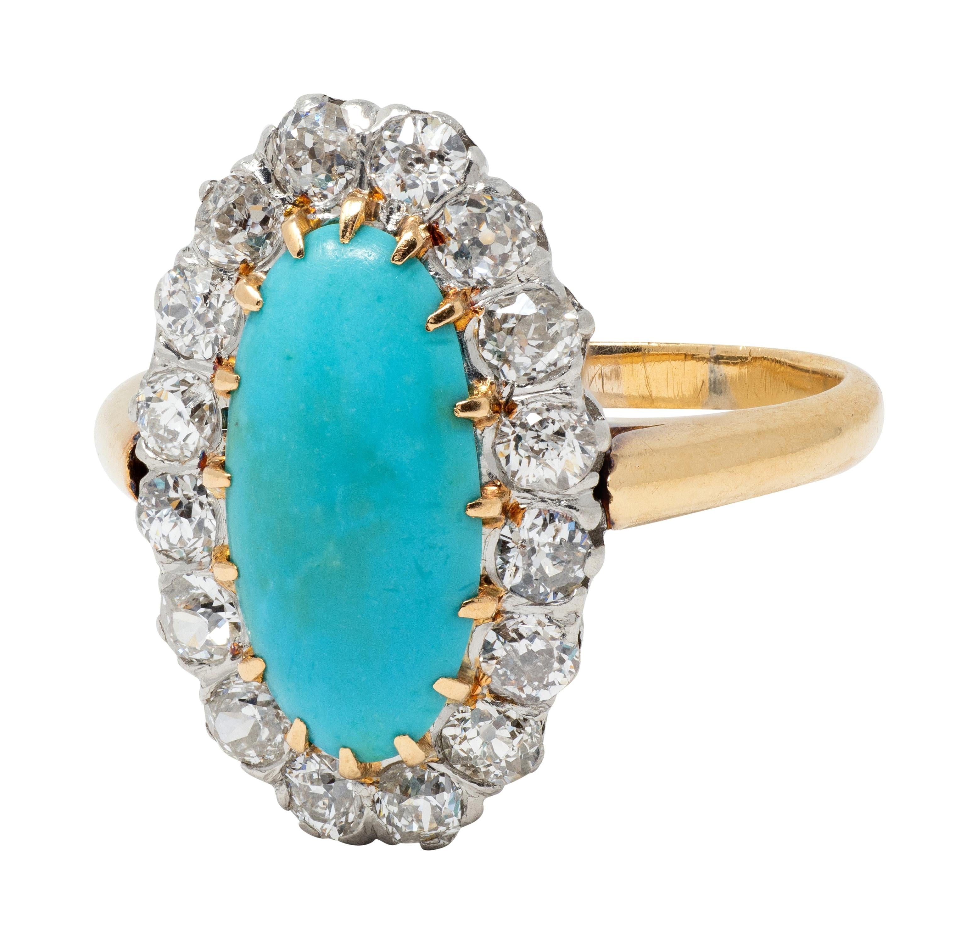 Edwardian Diamond Turquoise Platinum 14 Karat Yellow Gold Antique Halo Ring
