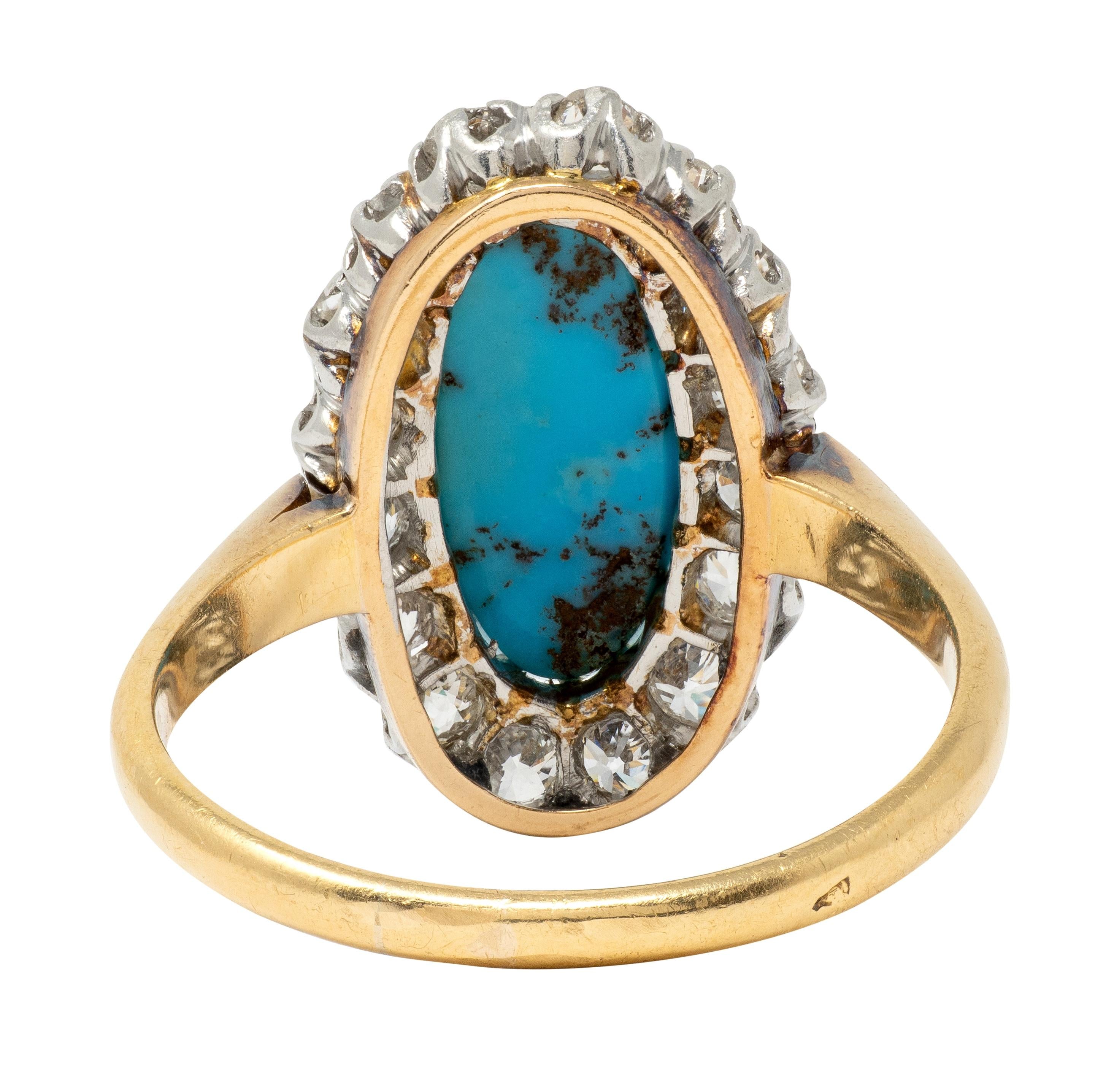 Edwardian Diamond Turquoise Platinum 14 Karat Yellow Gold Antique Halo Ring