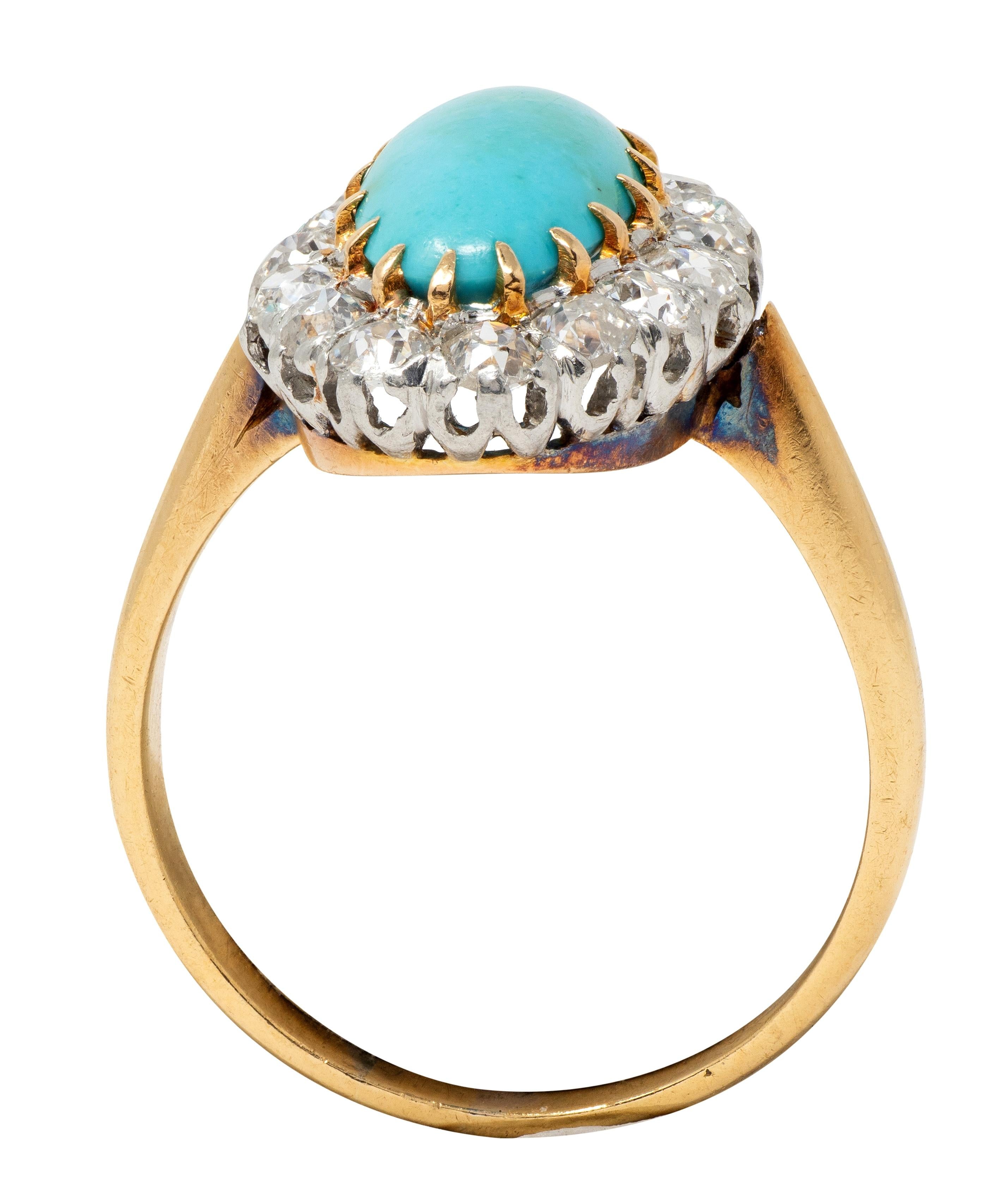 Edwardian Diamond Turquoise Platinum 14 Karat Yellow Gold Antique Halo Ring