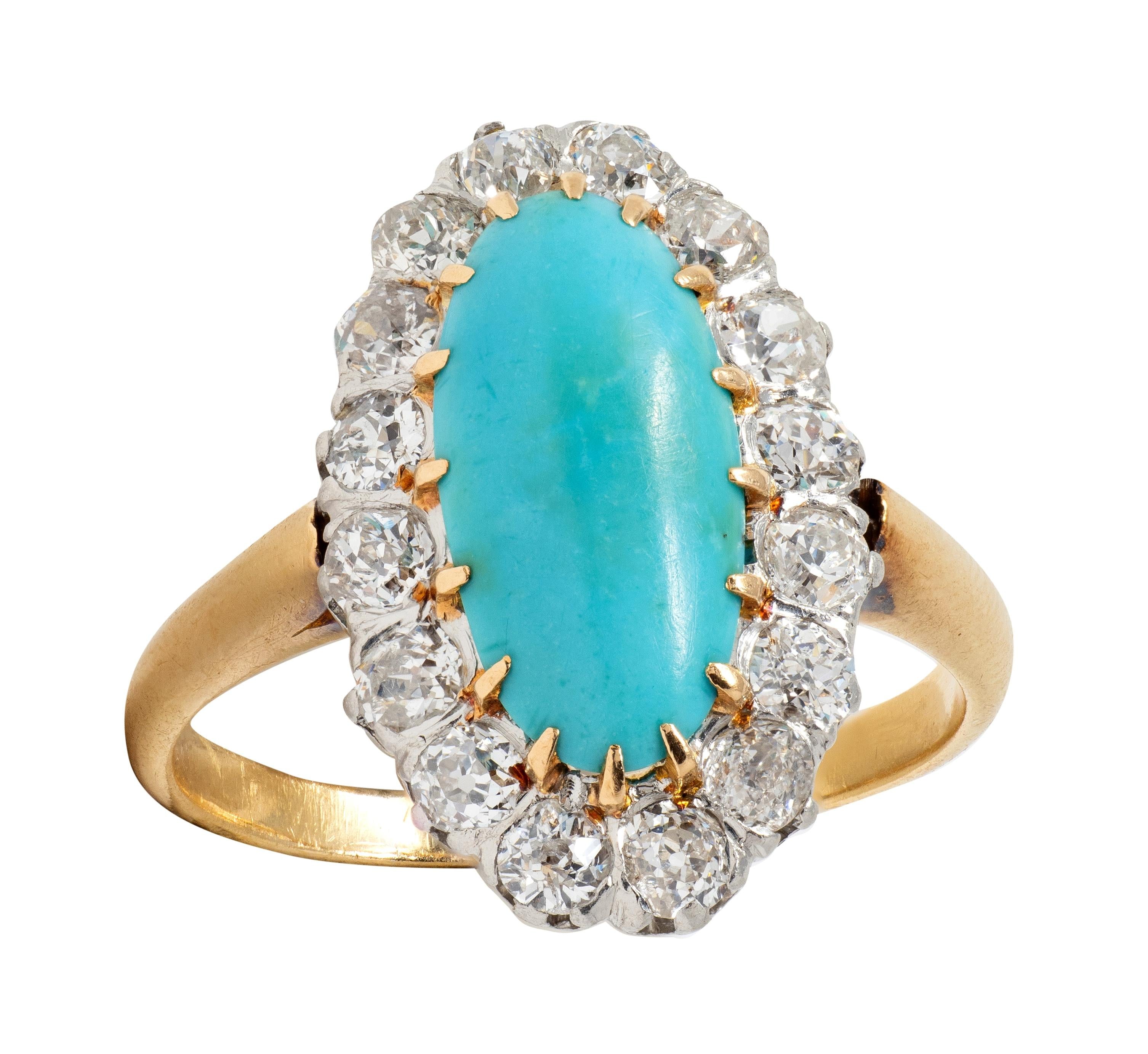 Edwardian Diamond Turquoise Platinum 14 Karat Yellow Gold Antique Halo Ring