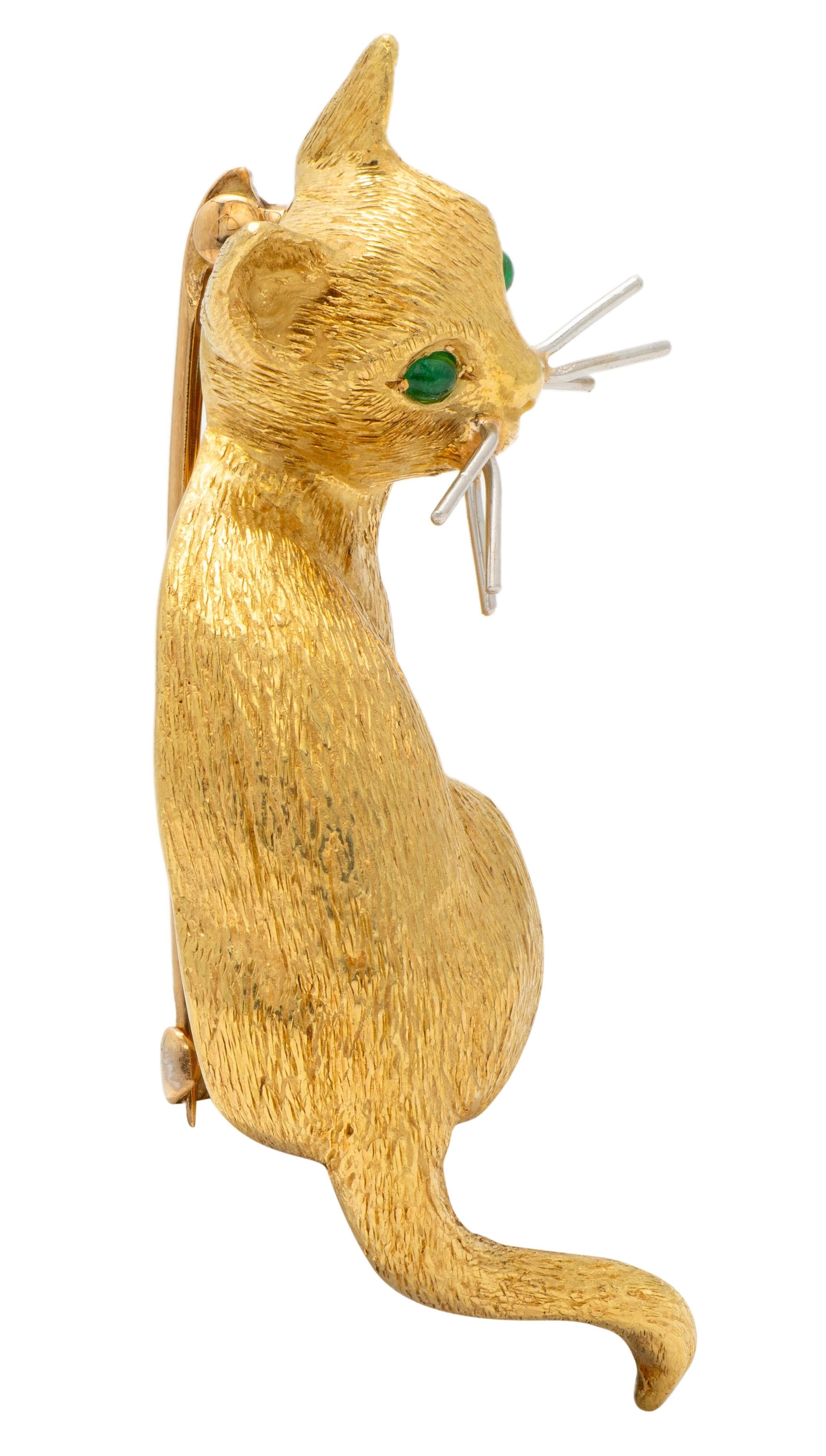 Tiffany & Co. 1960's Emerald Platinum 18 Karat Yellow Gold Vintage Cat Brooch