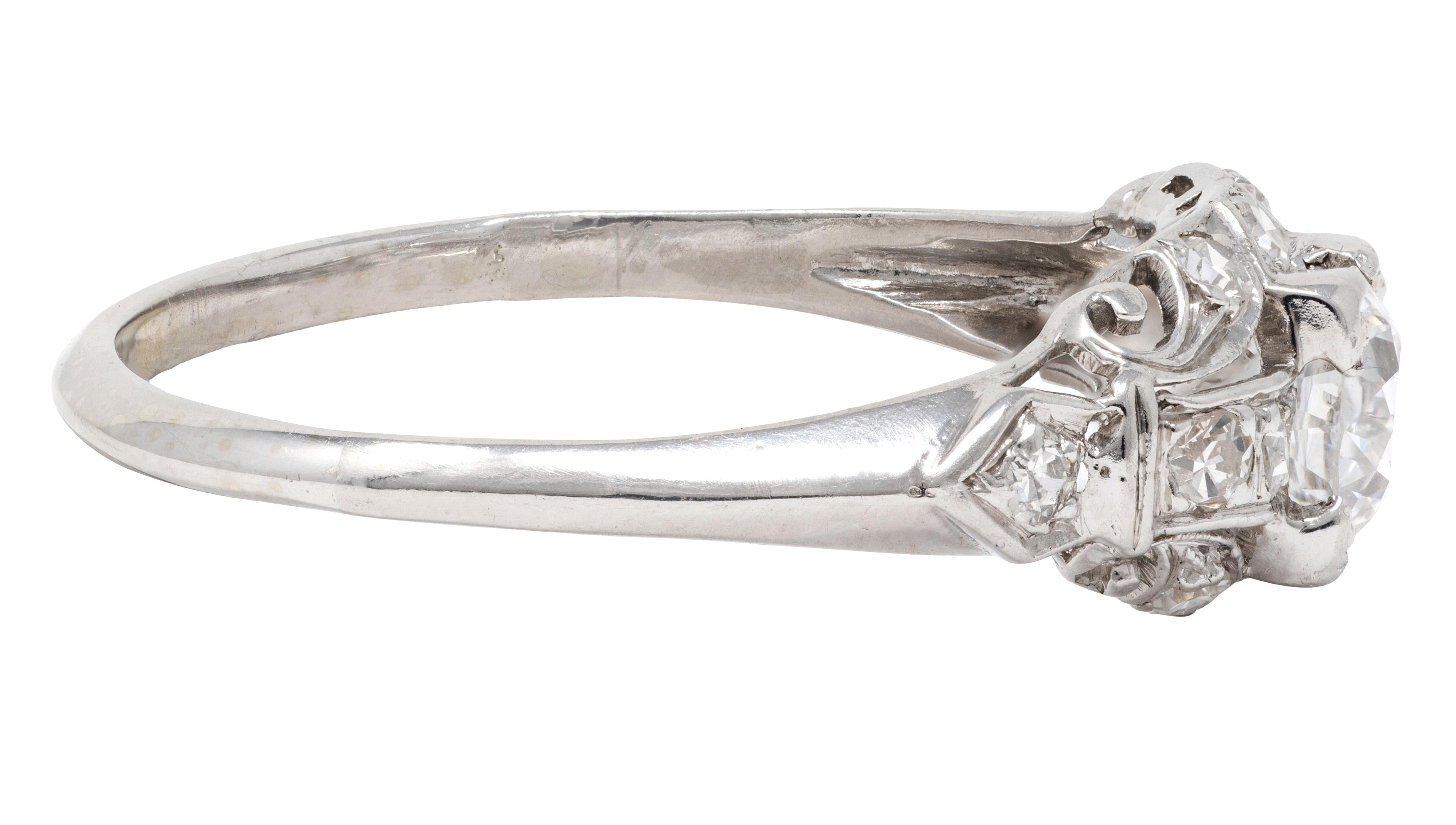 Art Deco Old European Diamond 18K Gold Vintage Scrolling Leaf Engagement Ring