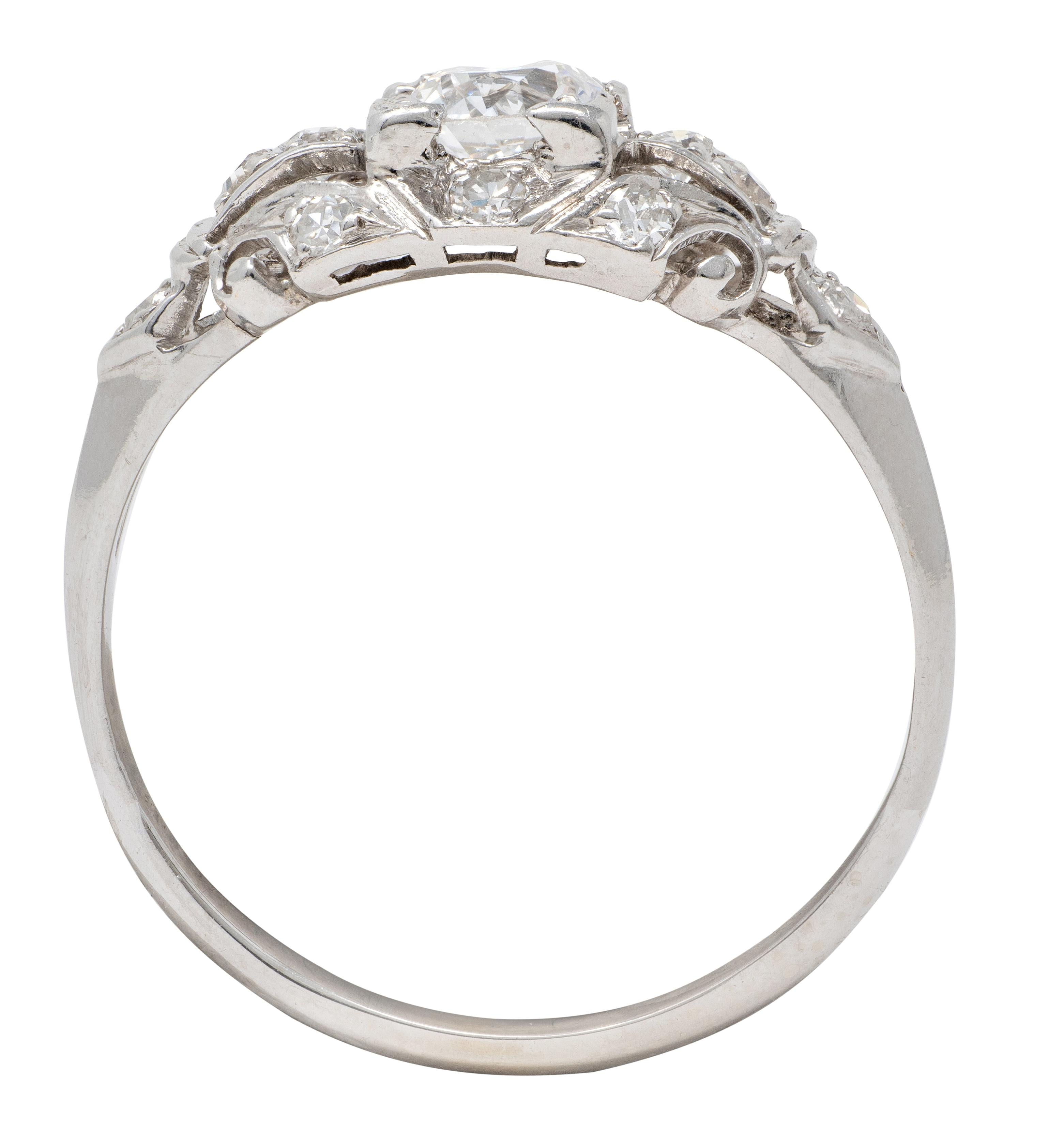 Art Deco Old European Diamond 18K Gold Vintage Scrolling Leaf Engagement Ring