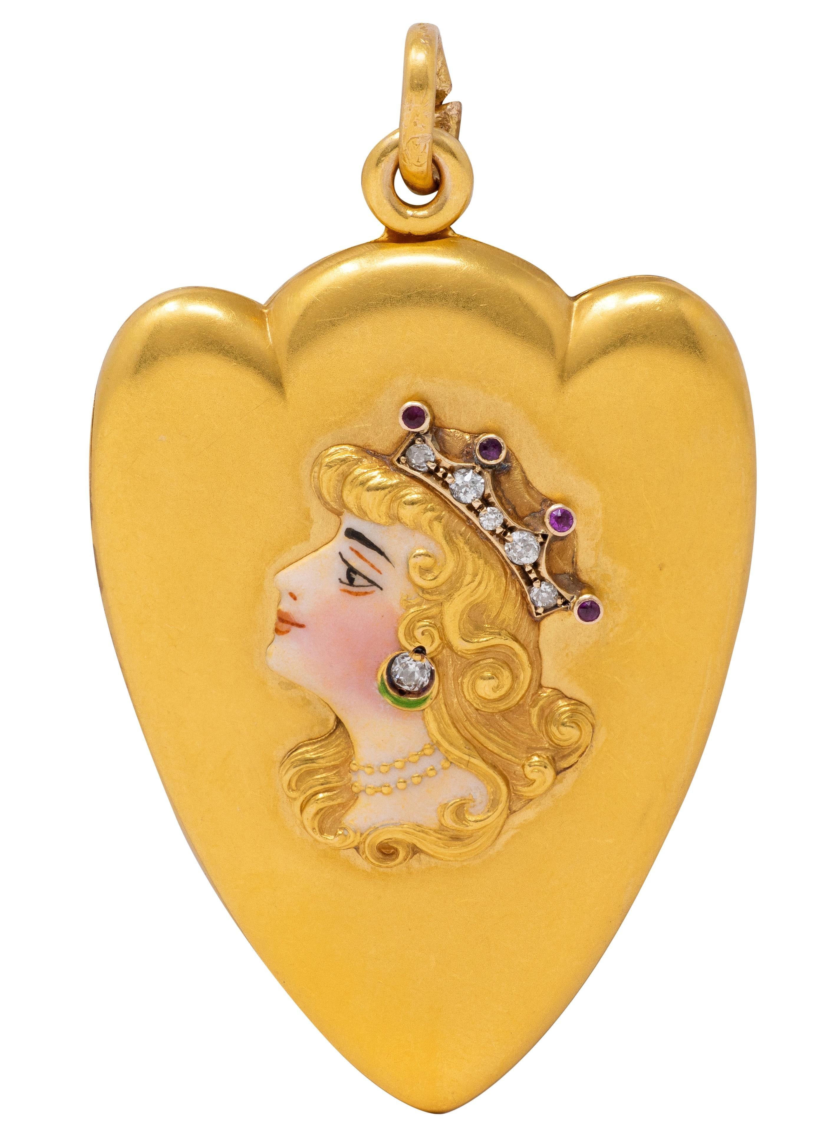 Art Nouveau Ruby Diamond Enamel 14K Yellow Gold Antique Princess Locket Pendant