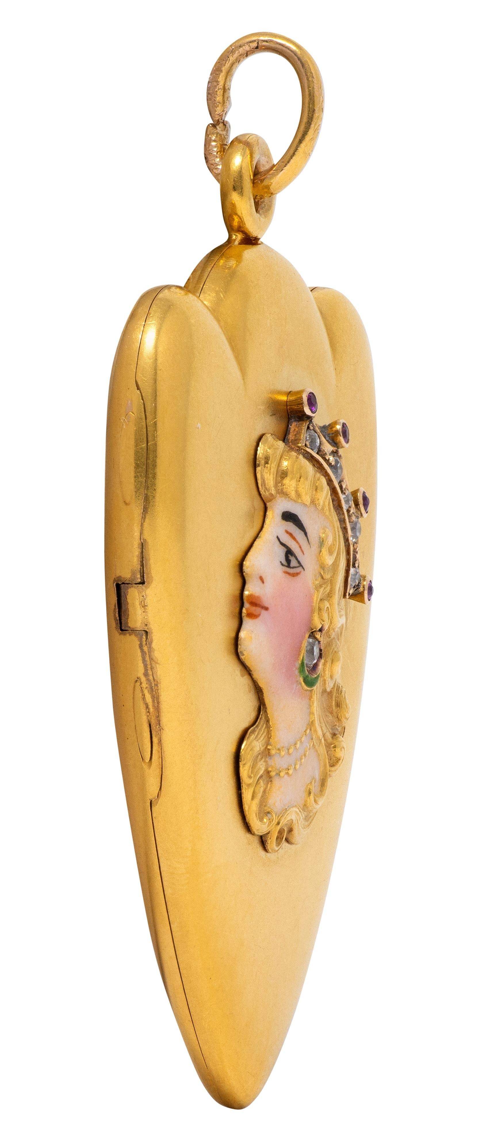 Art Nouveau Ruby Diamond Enamel 14K Yellow Gold Antique Princess Locket Pendant