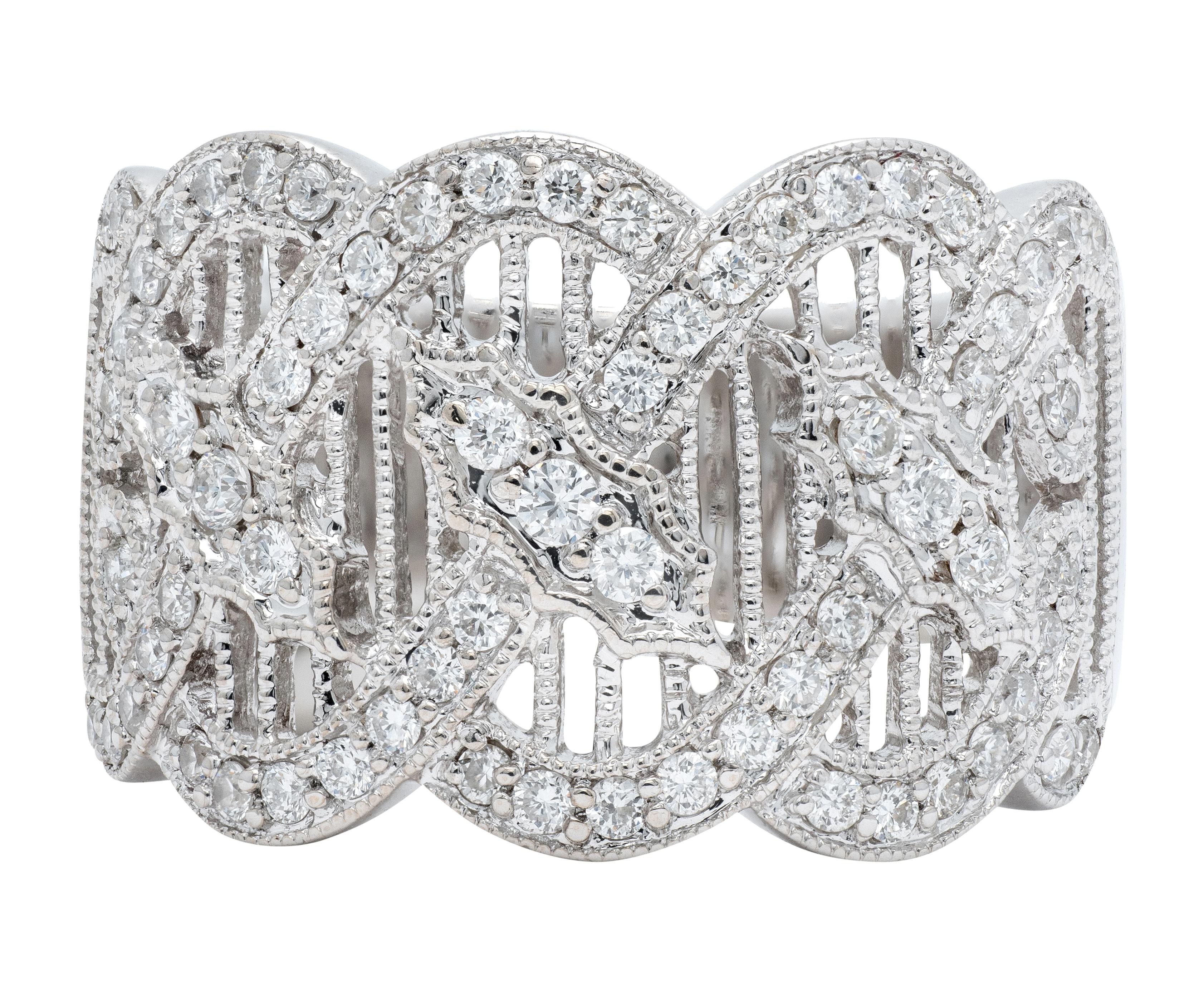 Contemporary Round Diamond 18 Karat White Gold Wide Twist Filigree Band Ring