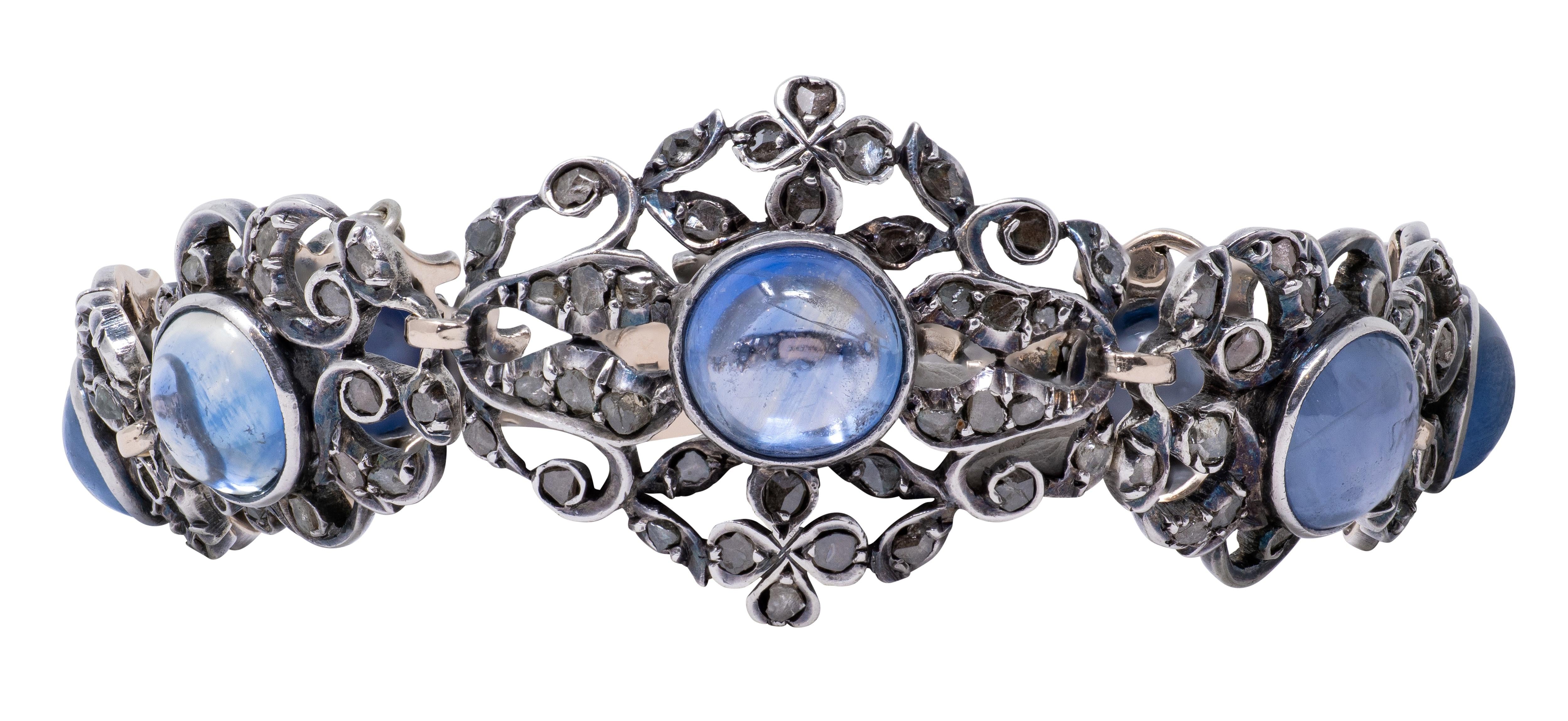 Victorian 44.00 CTW Sapphire Diamond 10K Gold Antique Foliate Link Bracelet