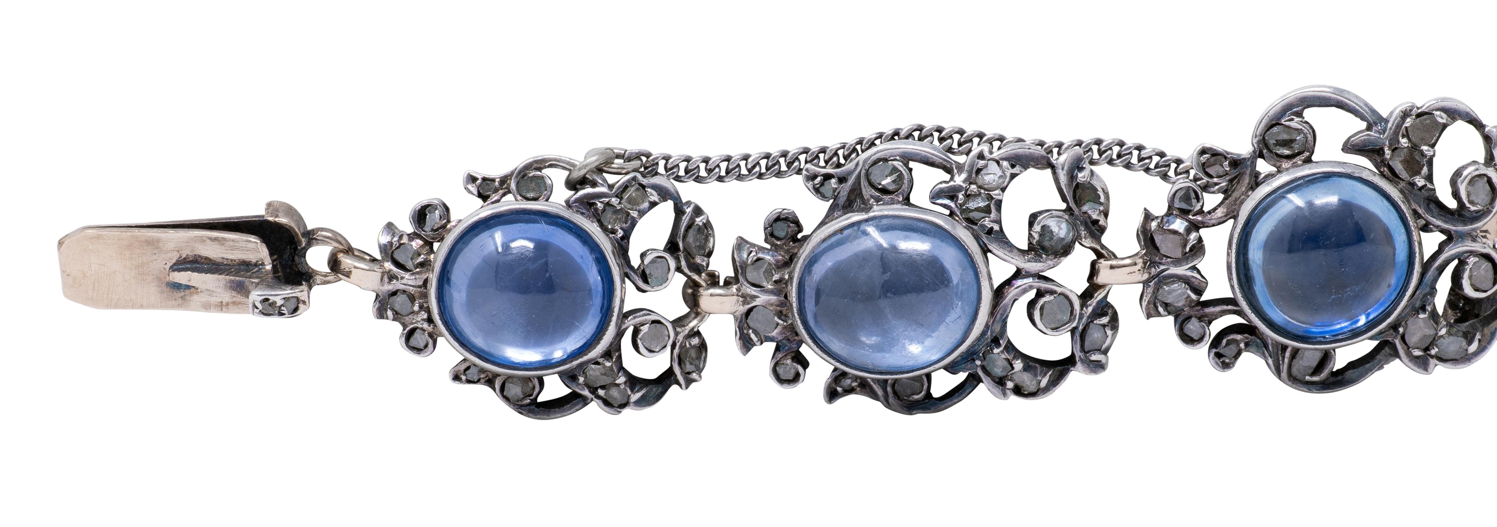 Victorian 44.00 CTW Sapphire Diamond 10K Gold Antique Foliate Link Bracelet