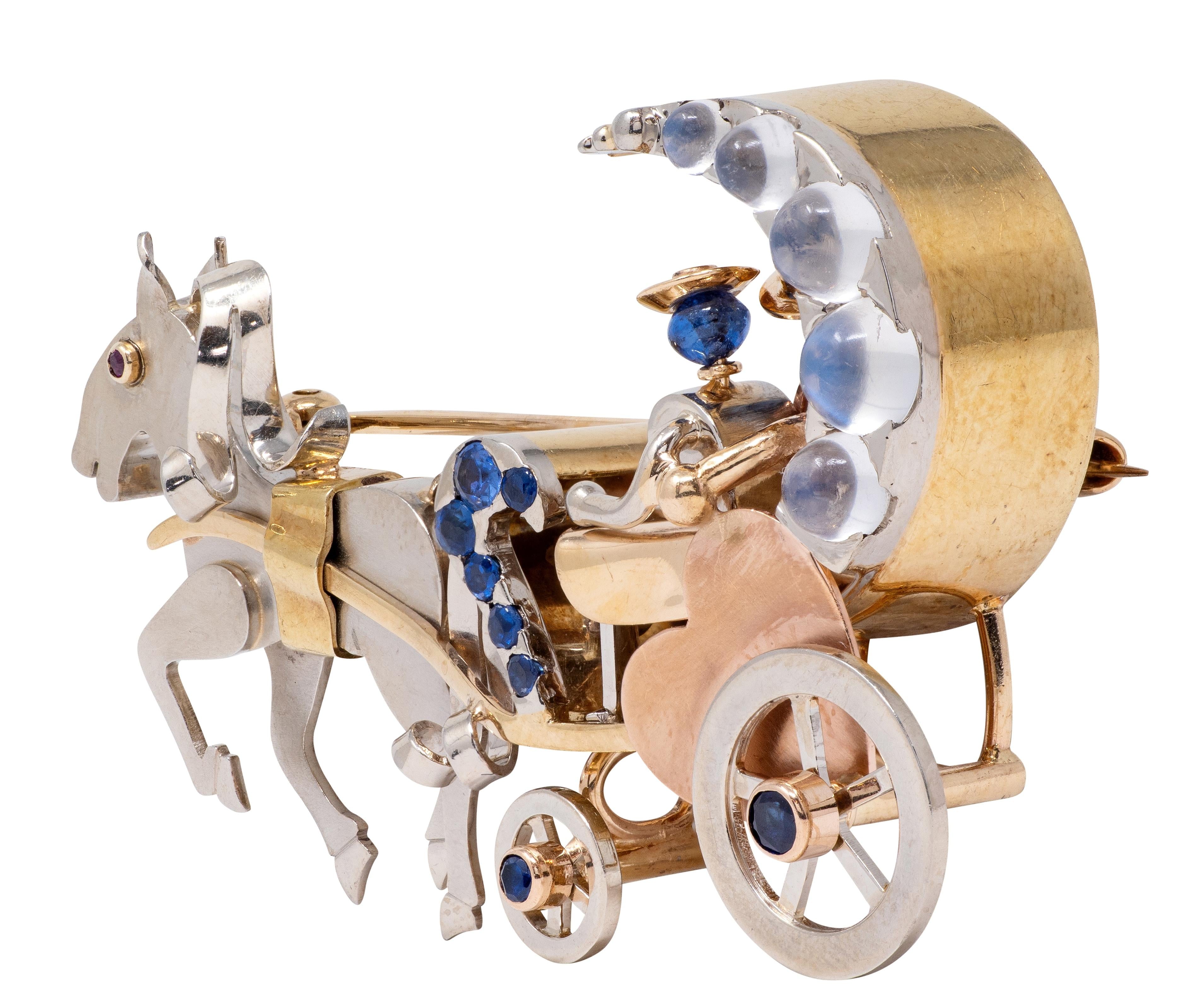 Retro Ruby Sapphire Moonstone 14 Karat Tri-Gold Vintage Horse Carriage Brooch