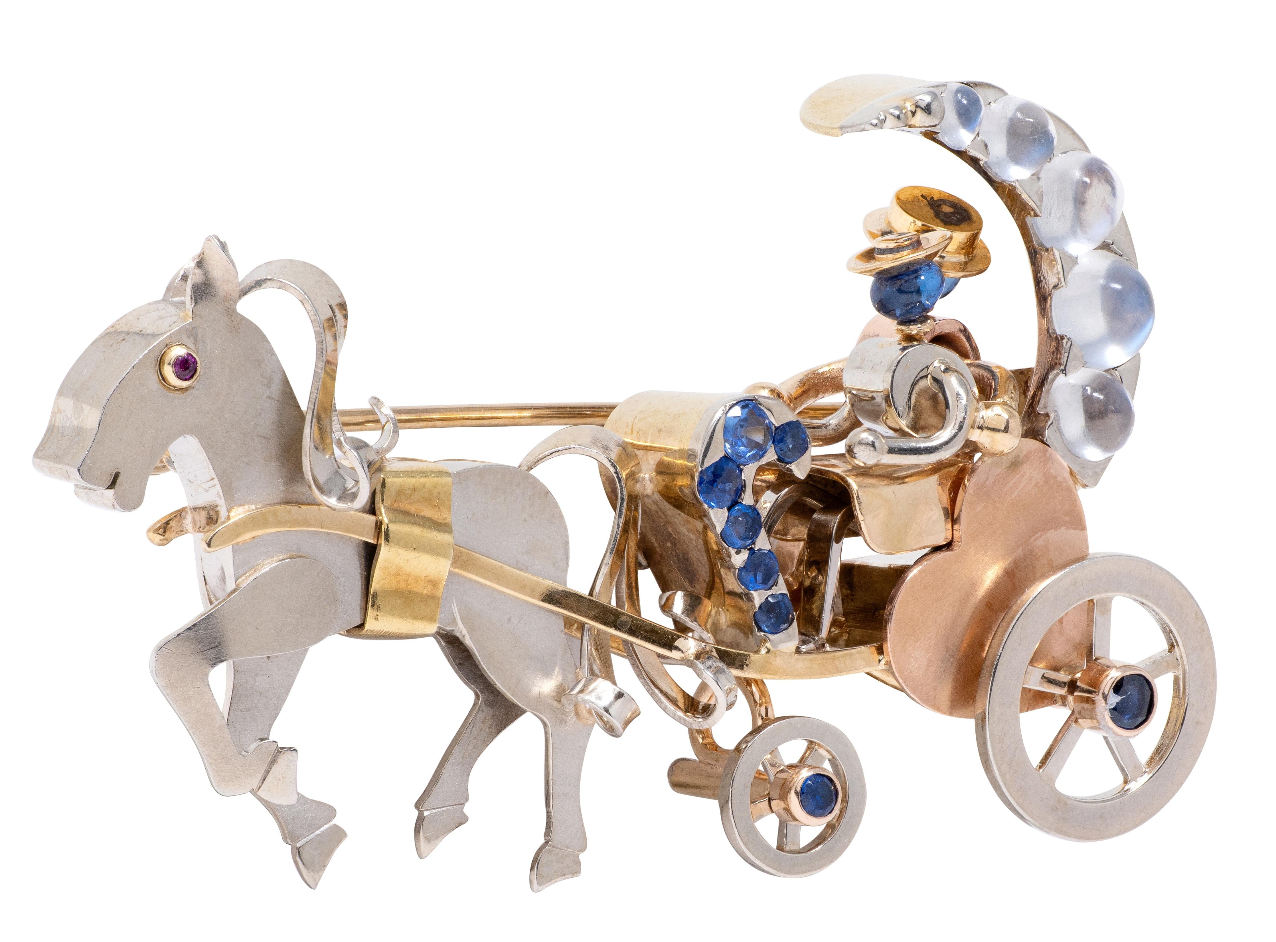 Retro Ruby Sapphire Moonstone 14 Karat Tri-Gold Vintage Horse Carriage Brooch