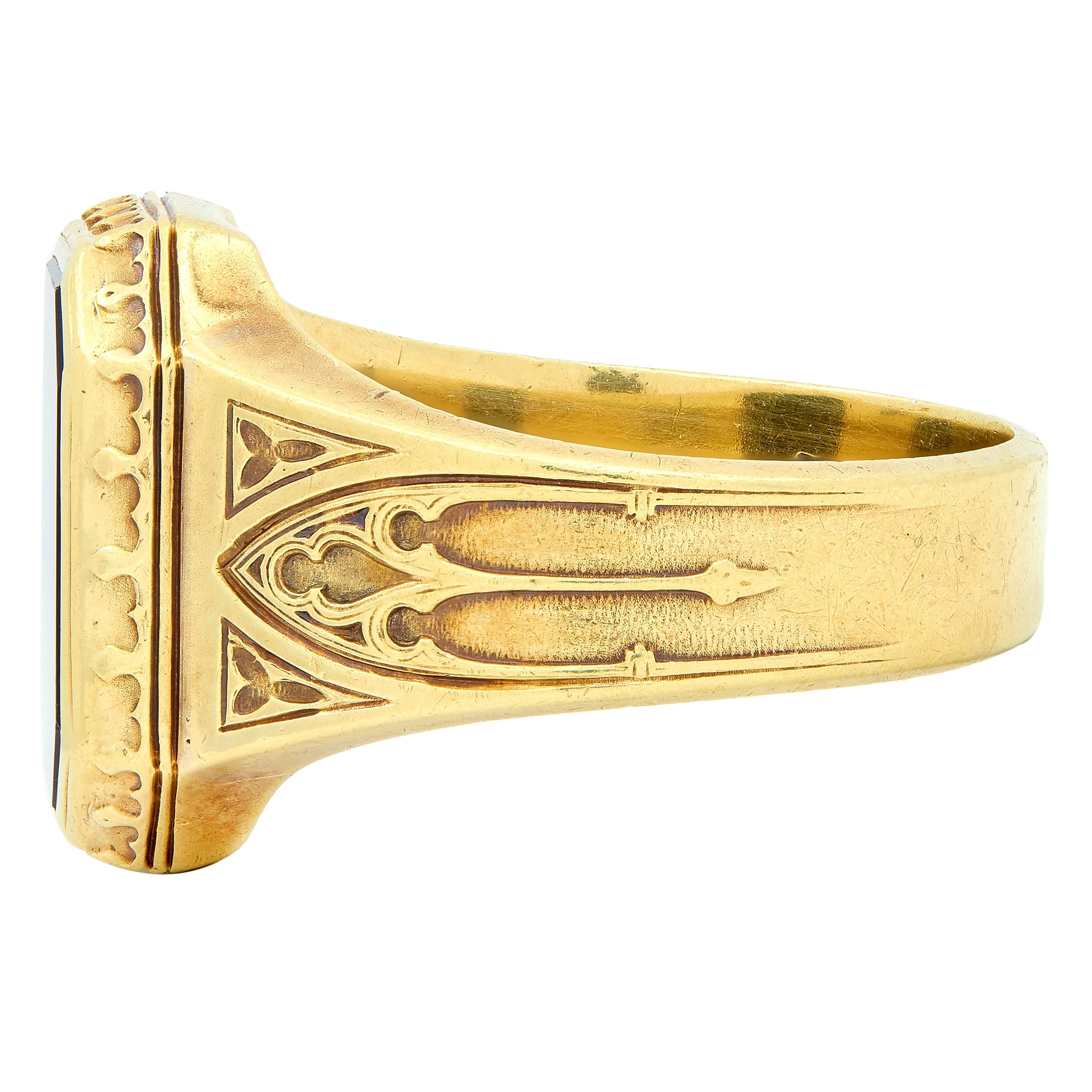 Larter & Sons Victorian Onyx 14K Yellow Gold Gothic Antique Unisex Signet Ring