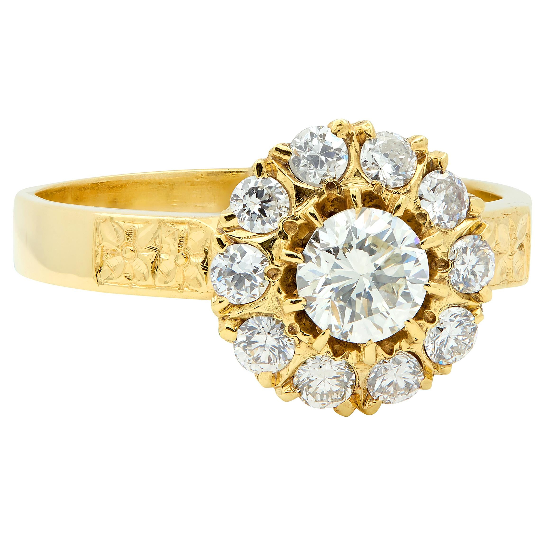 Art Deco Diamond 14 Karat Yellow Gold Floral Cluster Vintage Engagement Ring