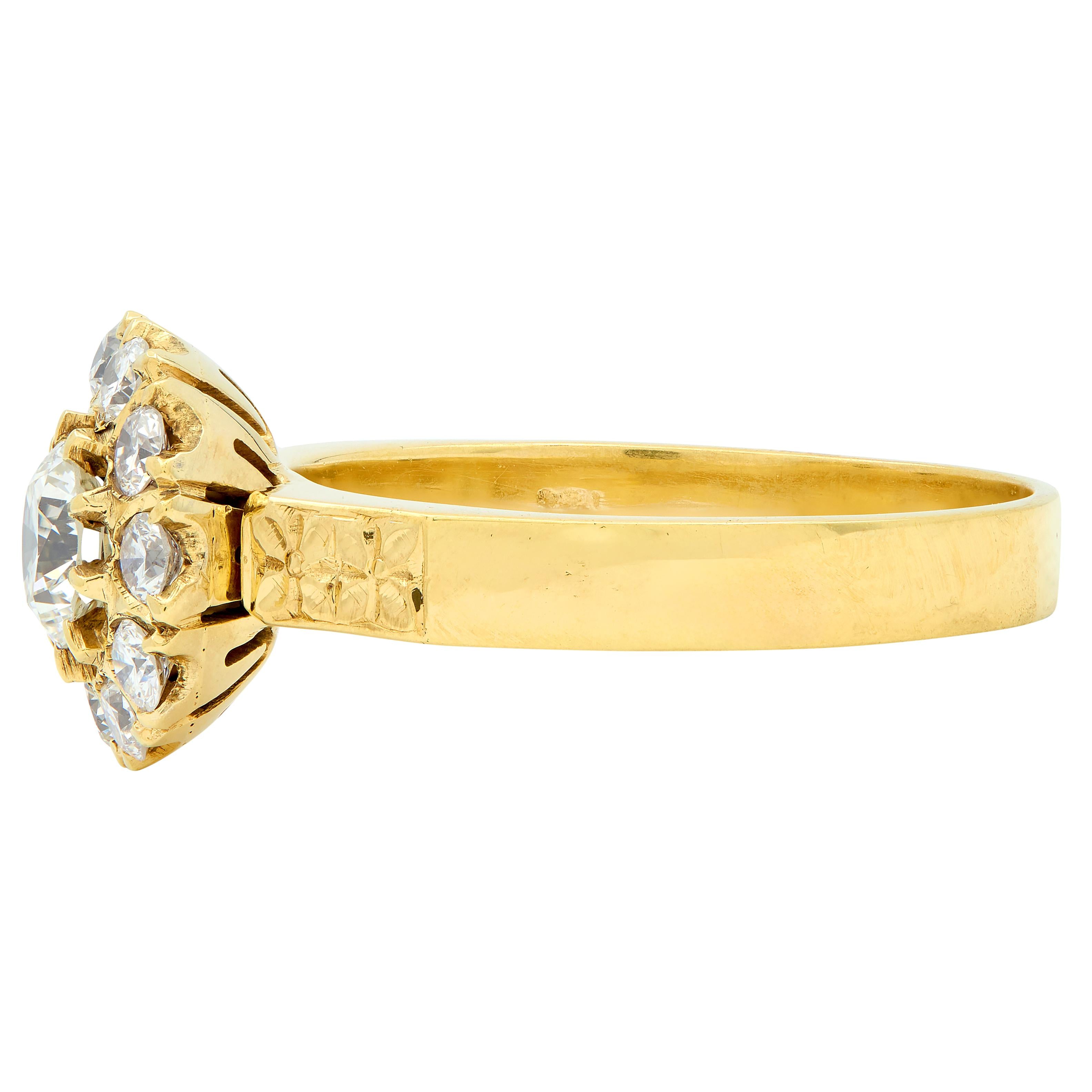 Art Deco Diamond 14 Karat Yellow Gold Floral Cluster Vintage Engagement Ring