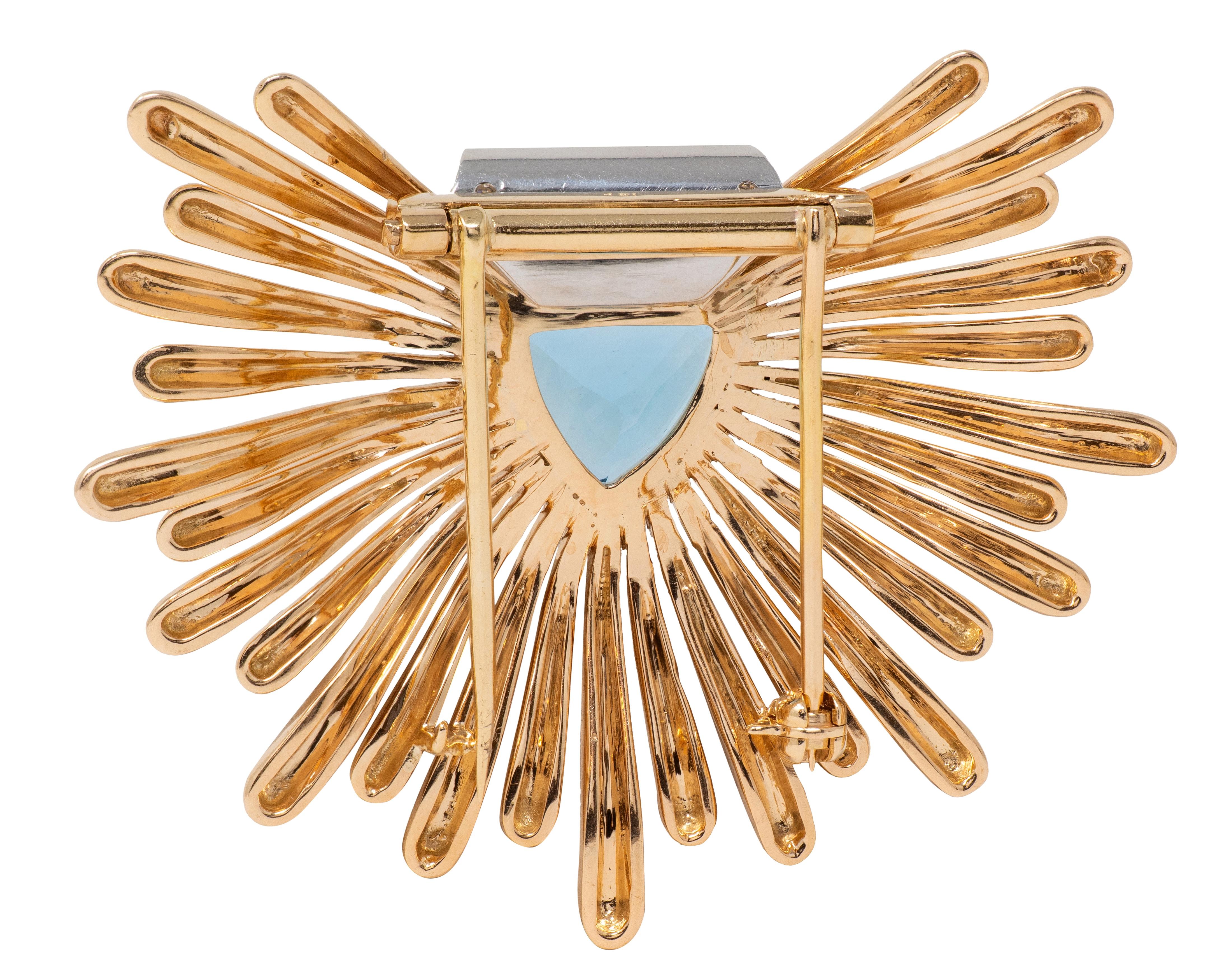 Retro 1940's Aquamarine Diamond Platinum 14K Yellow Gold Vintage Fanning Brooch