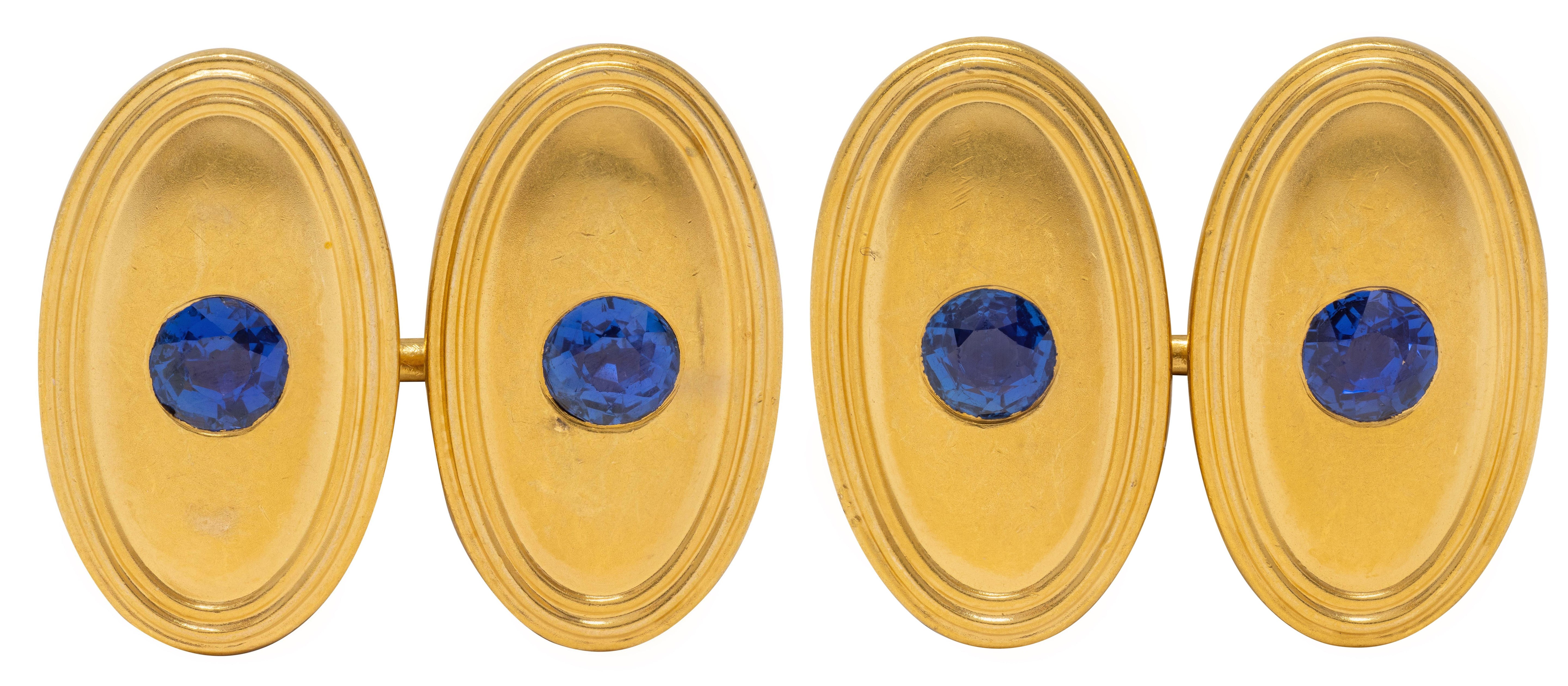 Tiffany & Co. Early Art Deco Sapphire 18K Gold Antique Oval Link Cufflinks