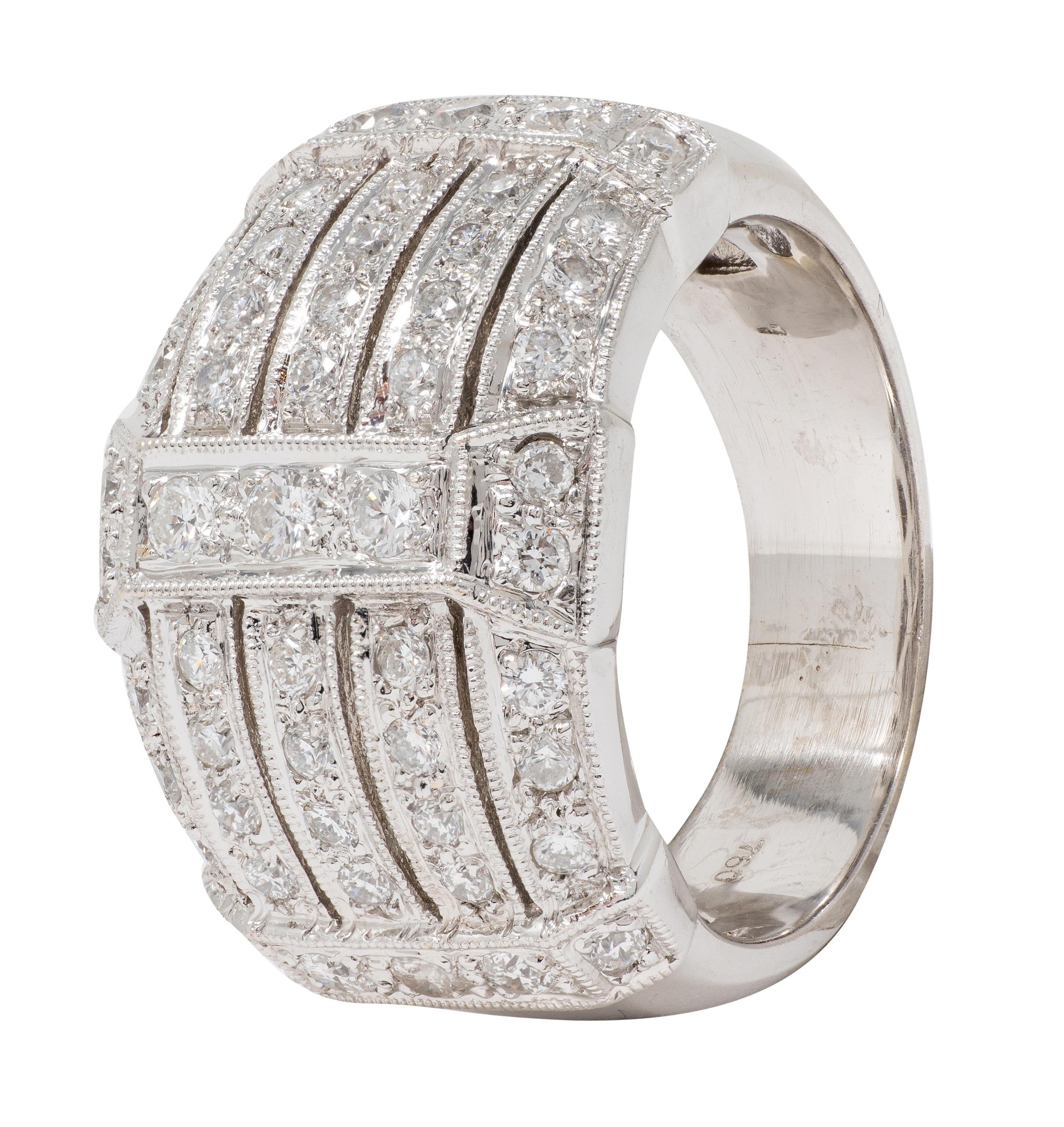 Contemporary 1.40 CTW Diamond 18 Karat White Gold Wide Strap Band Ring