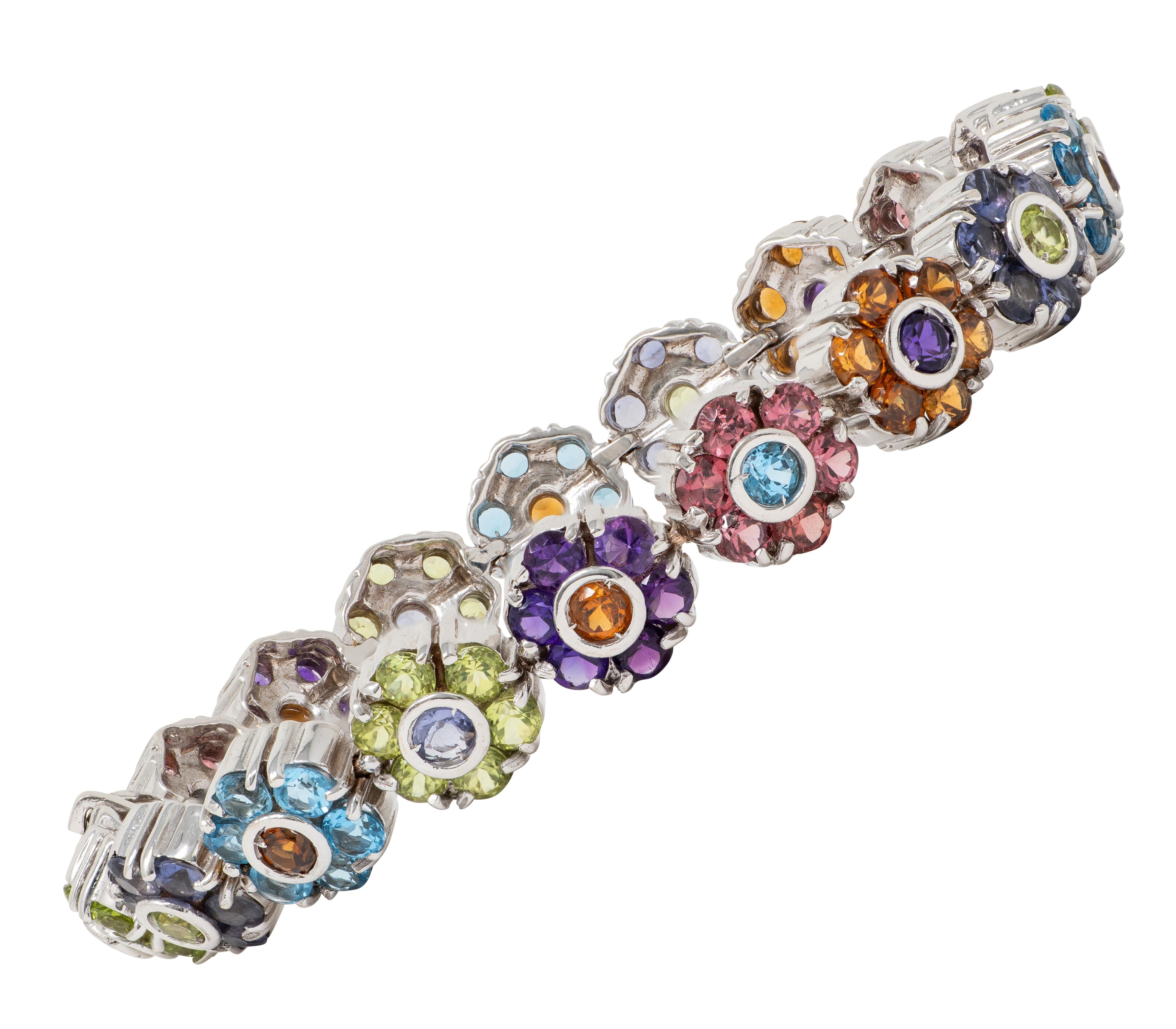 Contemporary Multi-Gem 18 Karat White Gold Floral Link Bracelet
