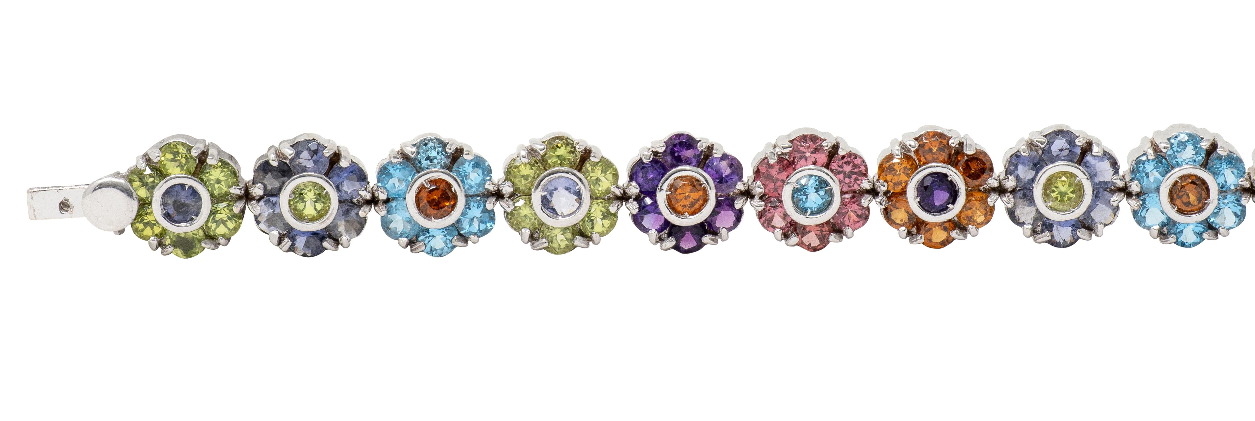 Contemporary Multi-Gem 18 Karat White Gold Floral Link Bracelet