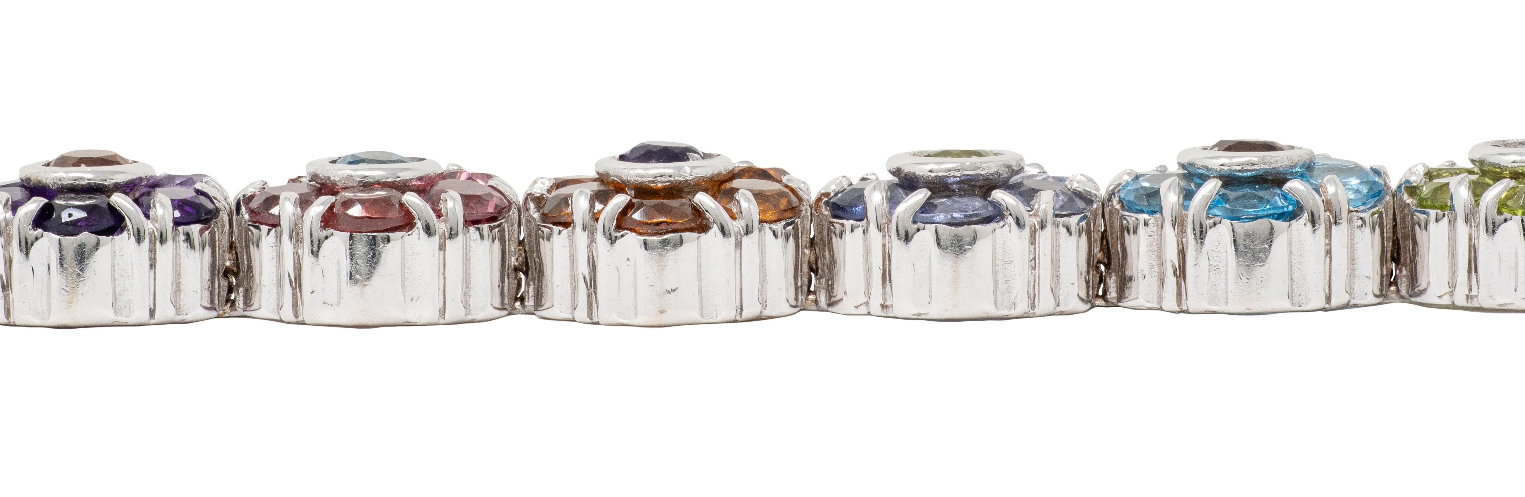 Contemporary Multi-Gem 18 Karat White Gold Floral Link Bracelet