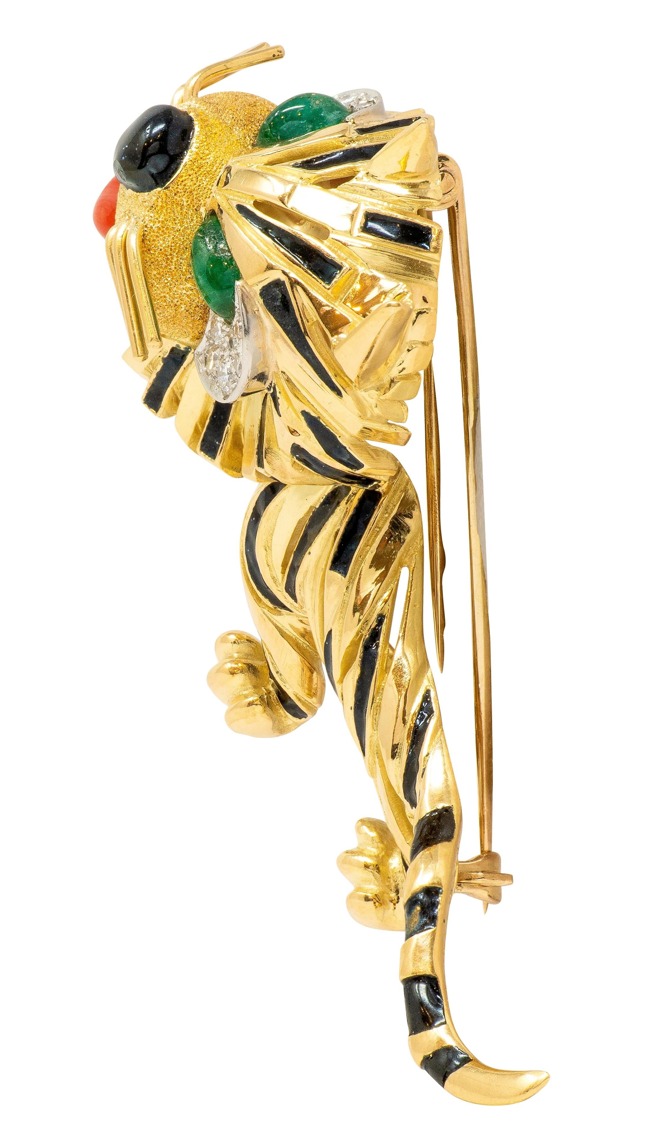 Van Cleef & Arpels Emerald Diamond Enamel 18K Yellow Gold Vintage Tiger Brooch