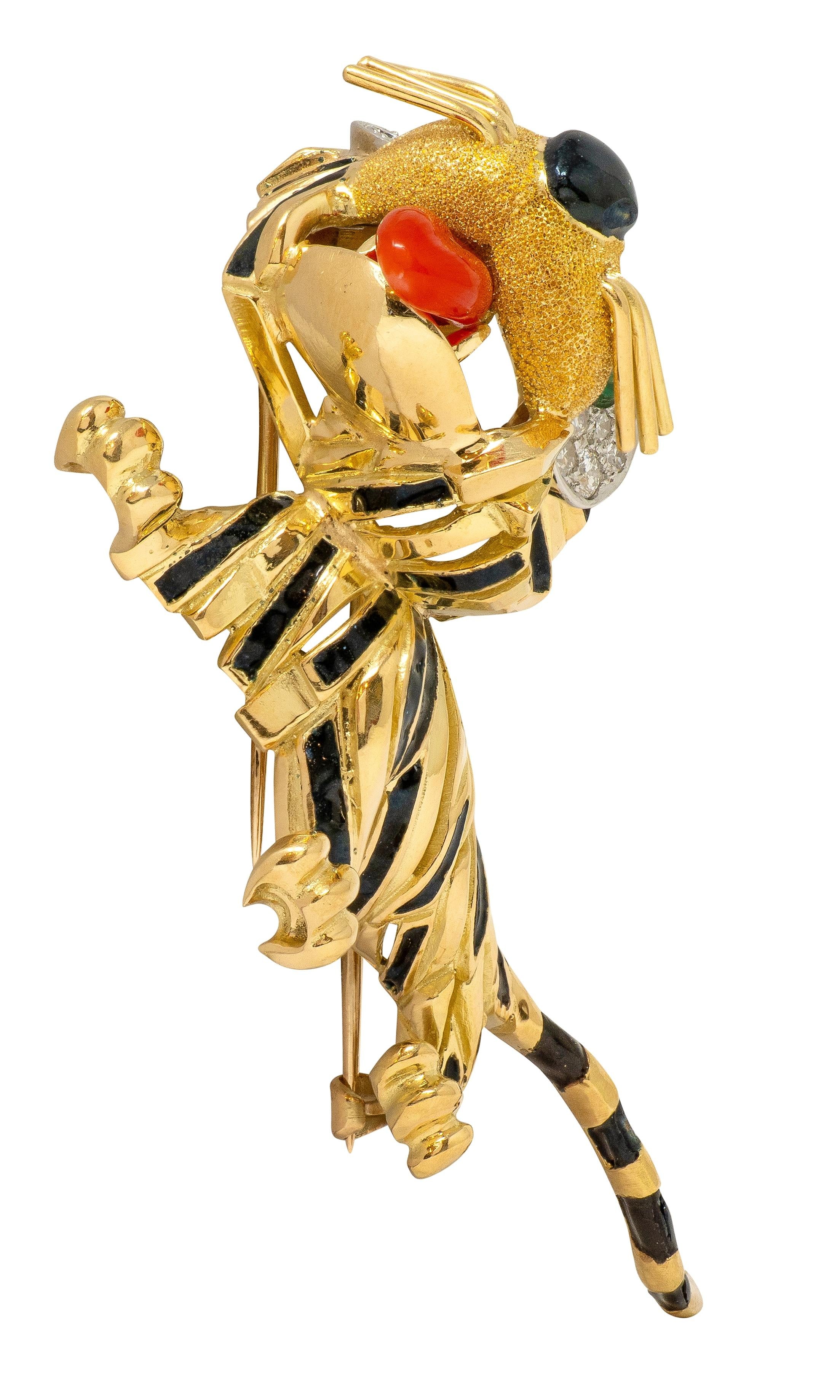 Van Cleef & Arpels Emerald Diamond Enamel 18K Yellow Gold Vintage Tiger Brooch