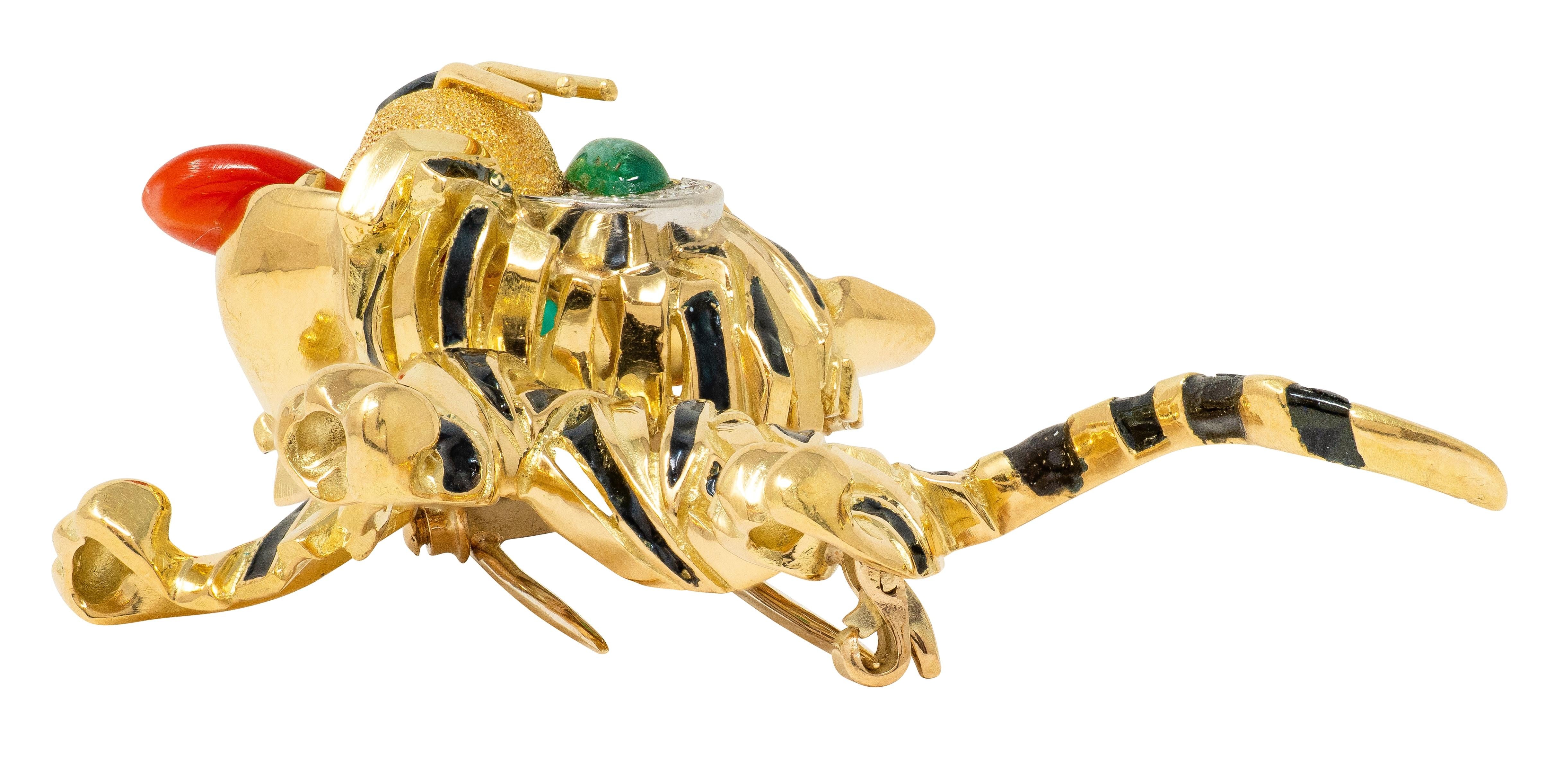Van Cleef & Arpels Emerald Diamond Enamel 18K Yellow Gold Vintage Tiger Brooch