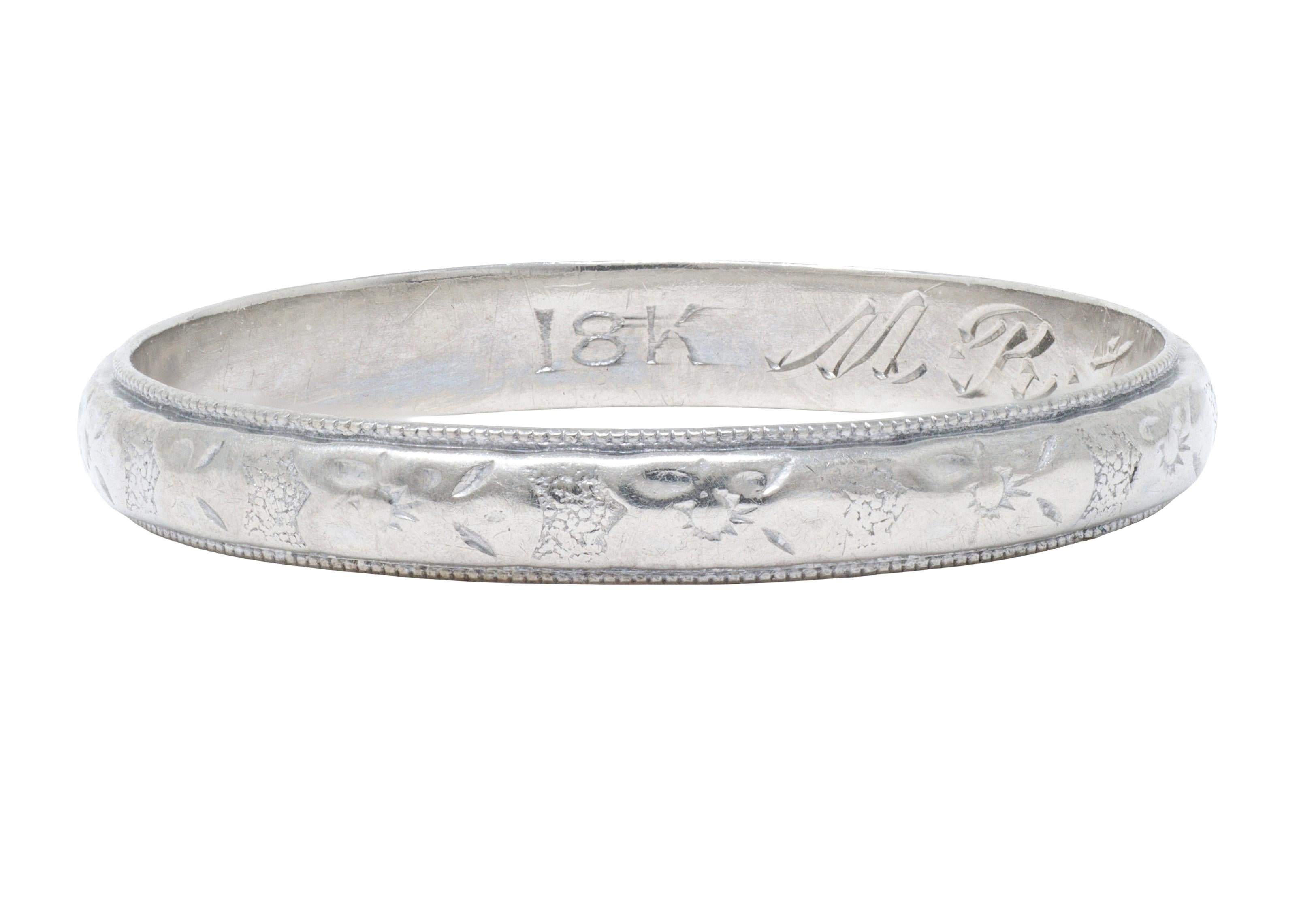 Art Deco 1933 18 Karat White Gold Vintage Pansy Wedding Band Ring