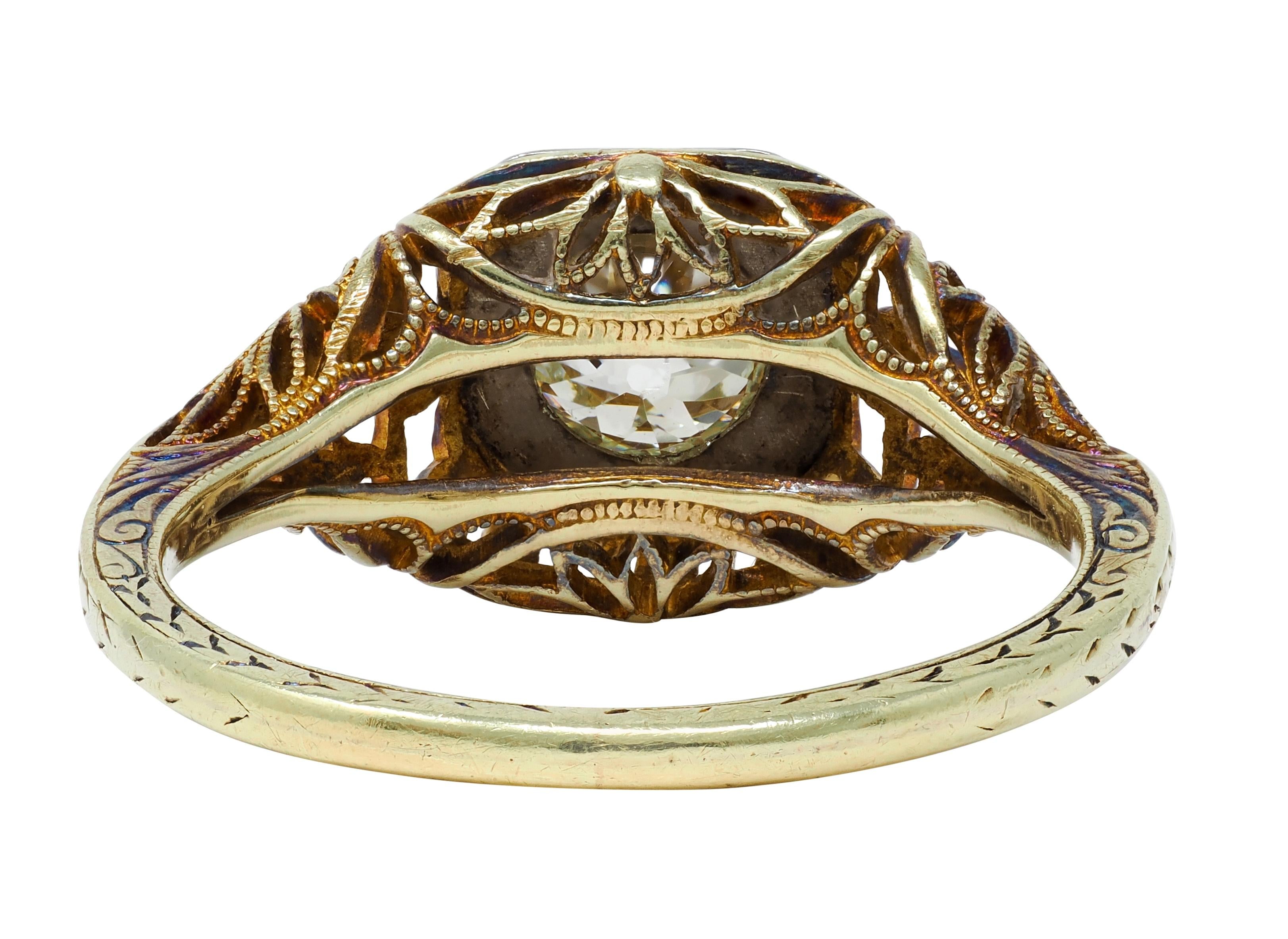Edwardian Old European Cut Diamond 14 Karat Gold Foliate Engagement Ring