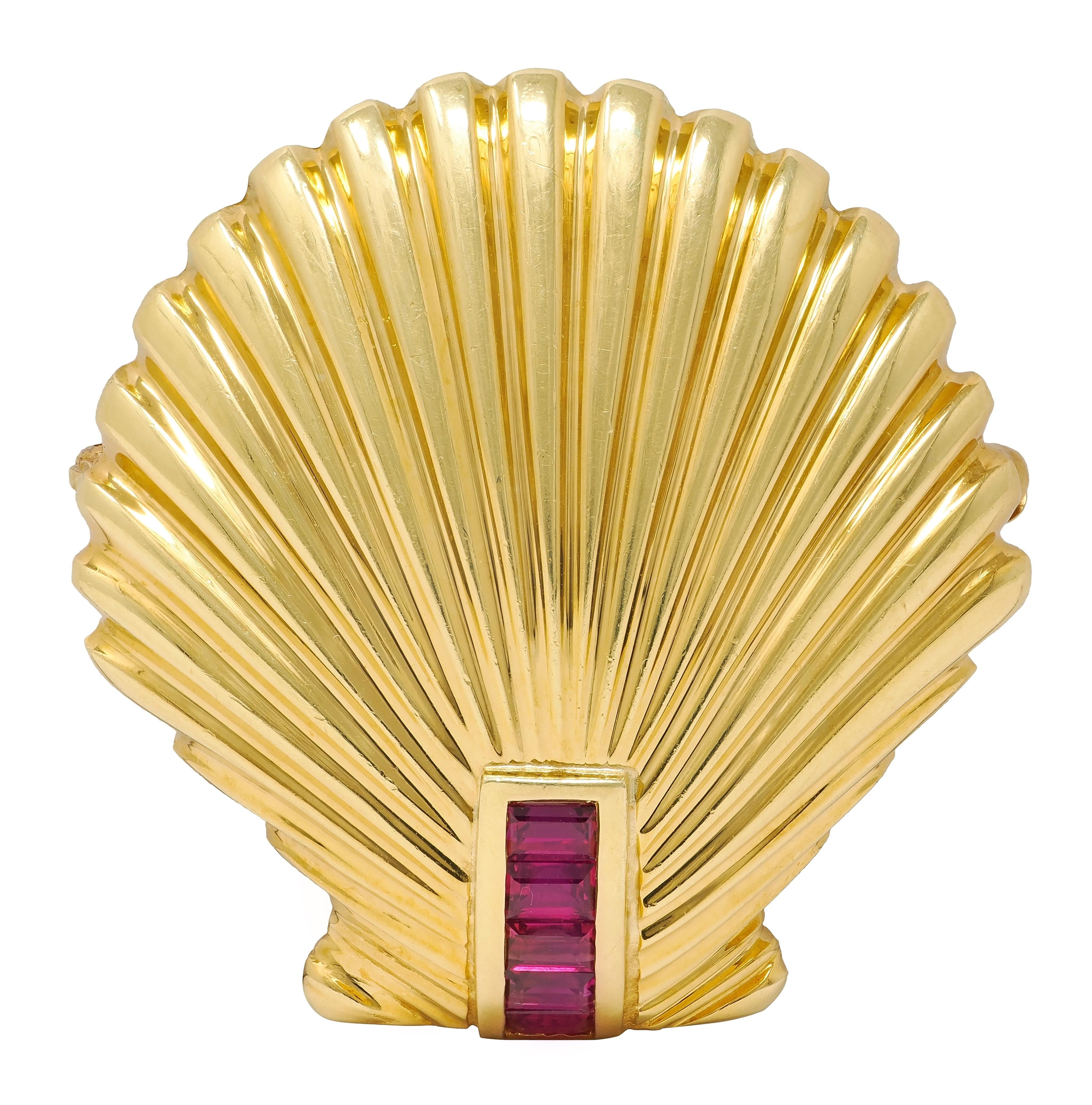 Tiffany & Co. 1960's 0.70 CTW Ruby 18 Karat Yellow Gold Vintage Seashell Brooch