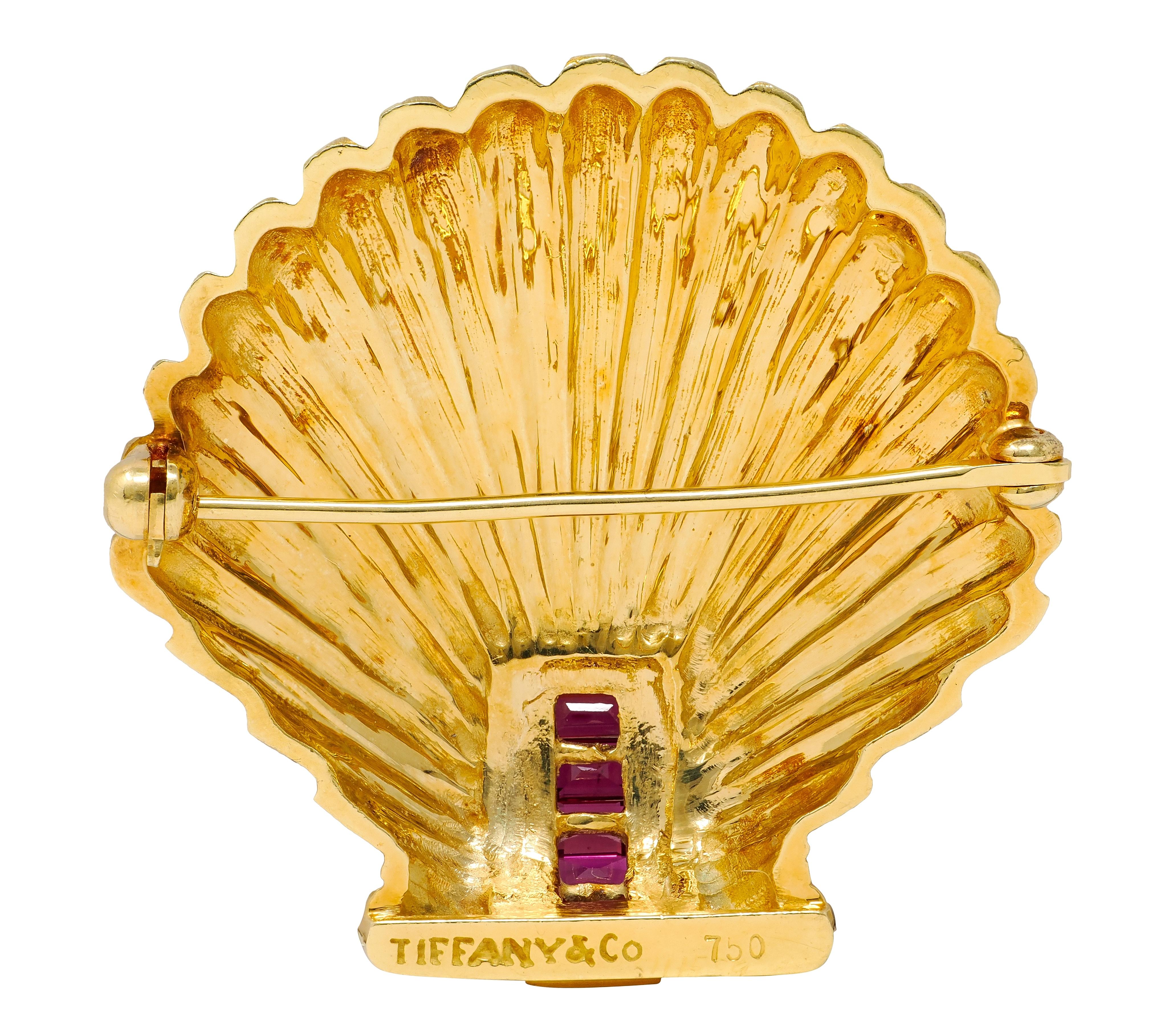 Tiffany & Co. 1960's 0.70 CTW Ruby 18 Karat Yellow Gold Vintage Seashell Brooch