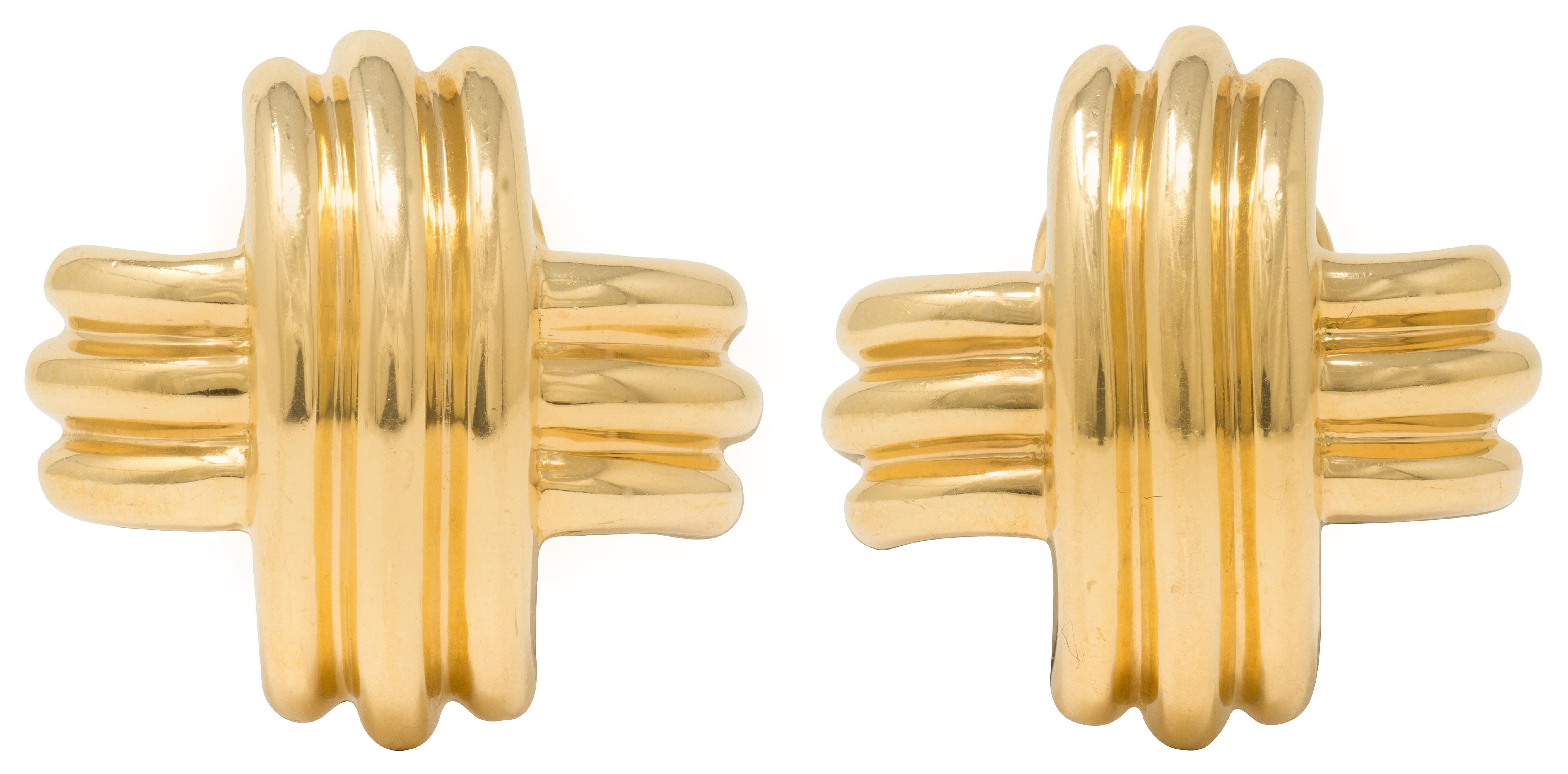 Tiffany & Co. 1990's 18K  Yellow Gold Fluted X Kiss Vintage Ear-Clip Earrings