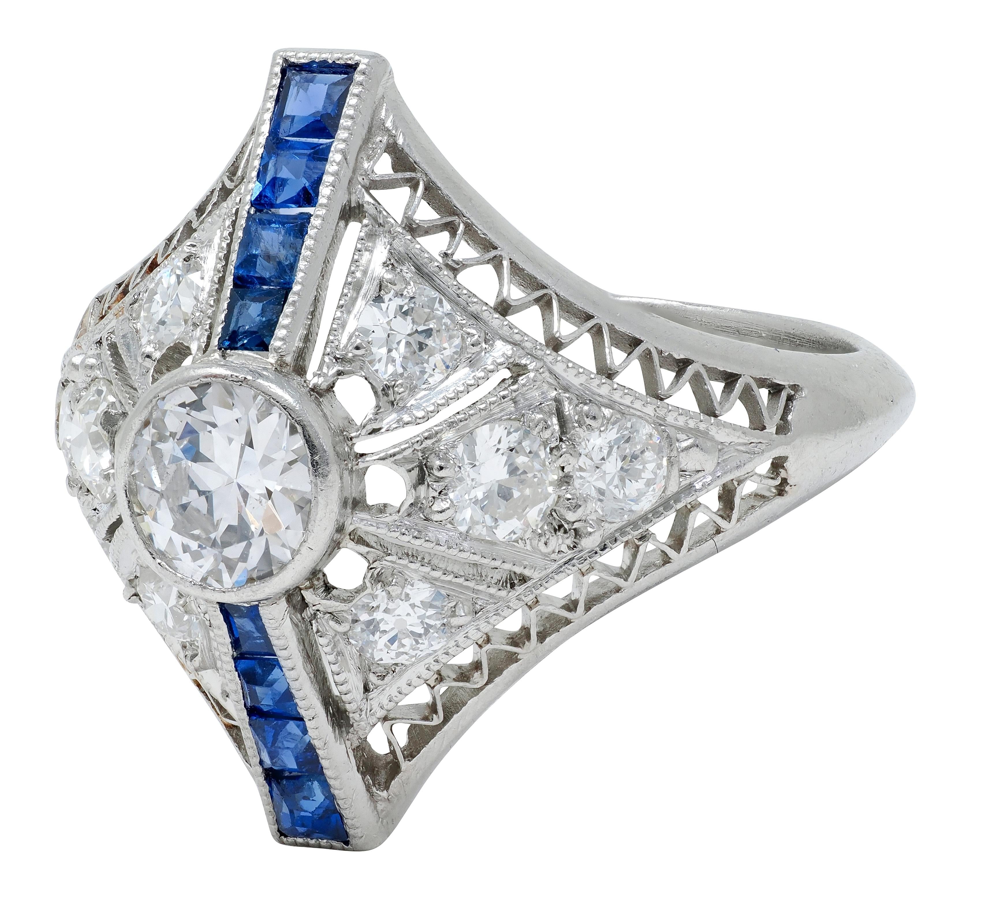 Art Deco Sapphire Diamond Platinum Vintage Zig-Zag Navette Dinner Ring