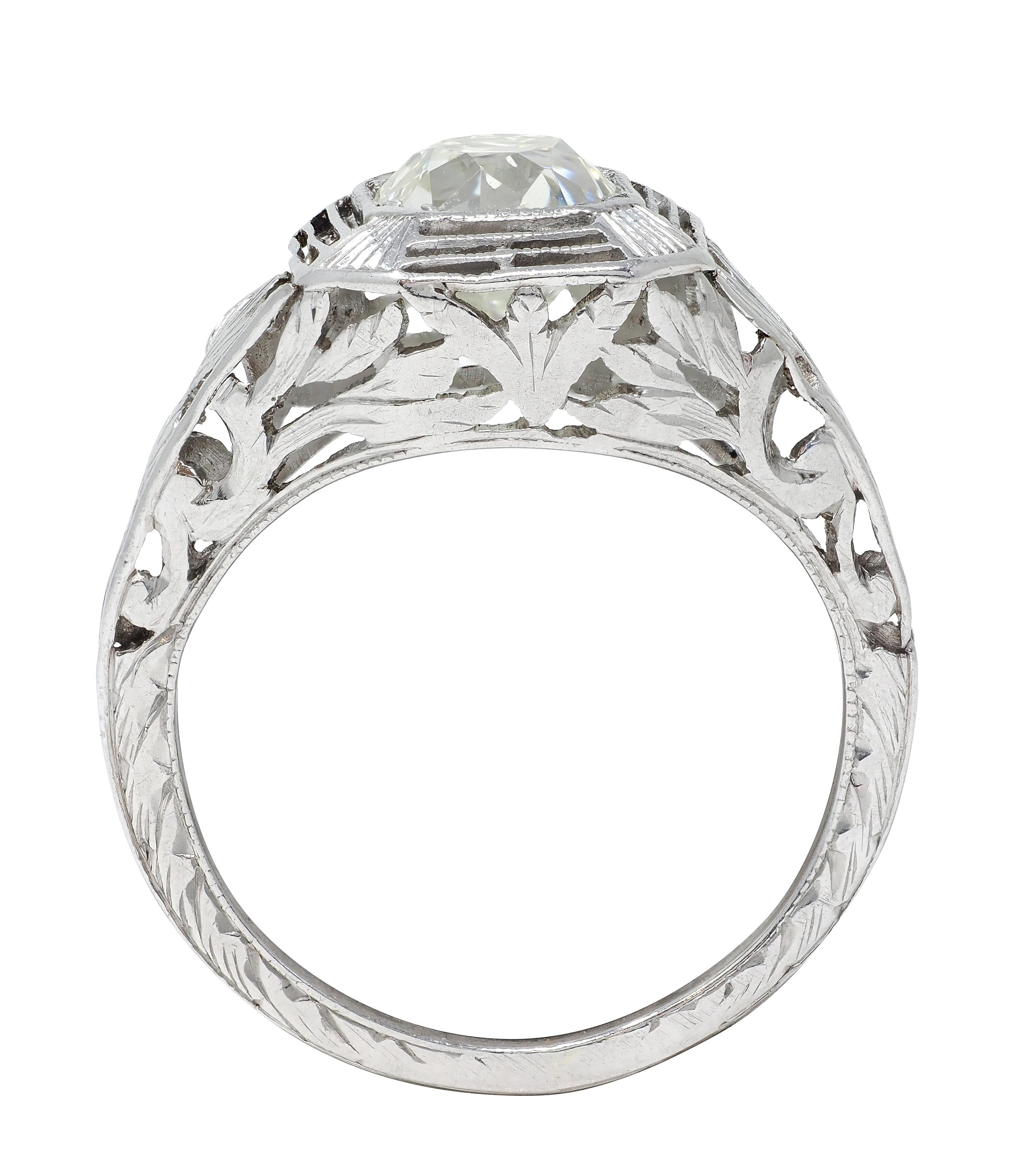 Art Deco 0.87 CTW Old Mine Cut Diamond Platinum Lotus Vintage Engagement Ring