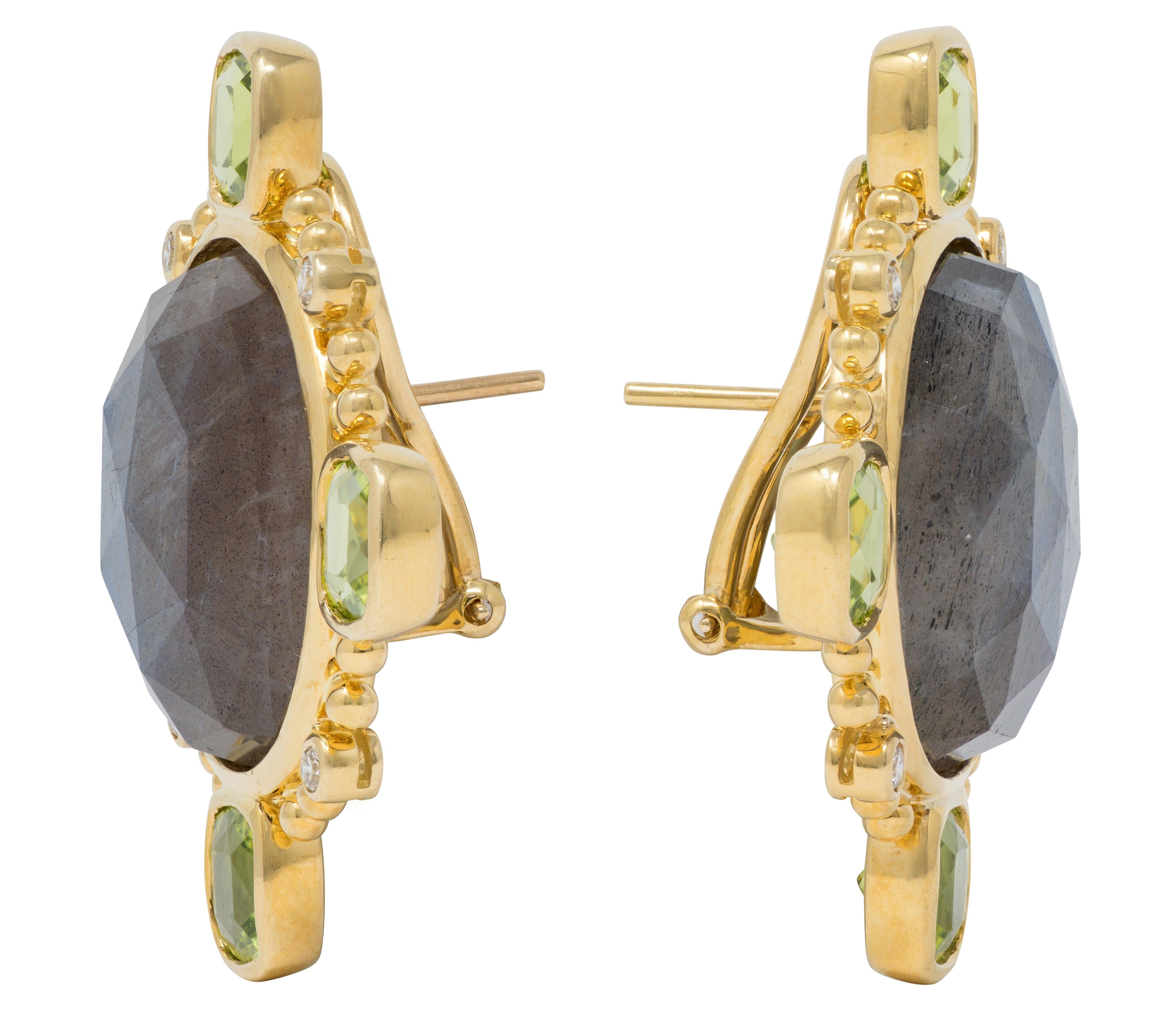 Contemporary Labadorite Peridot Diamond 18 Karat Yellow Gold Quatrefoil Earrings