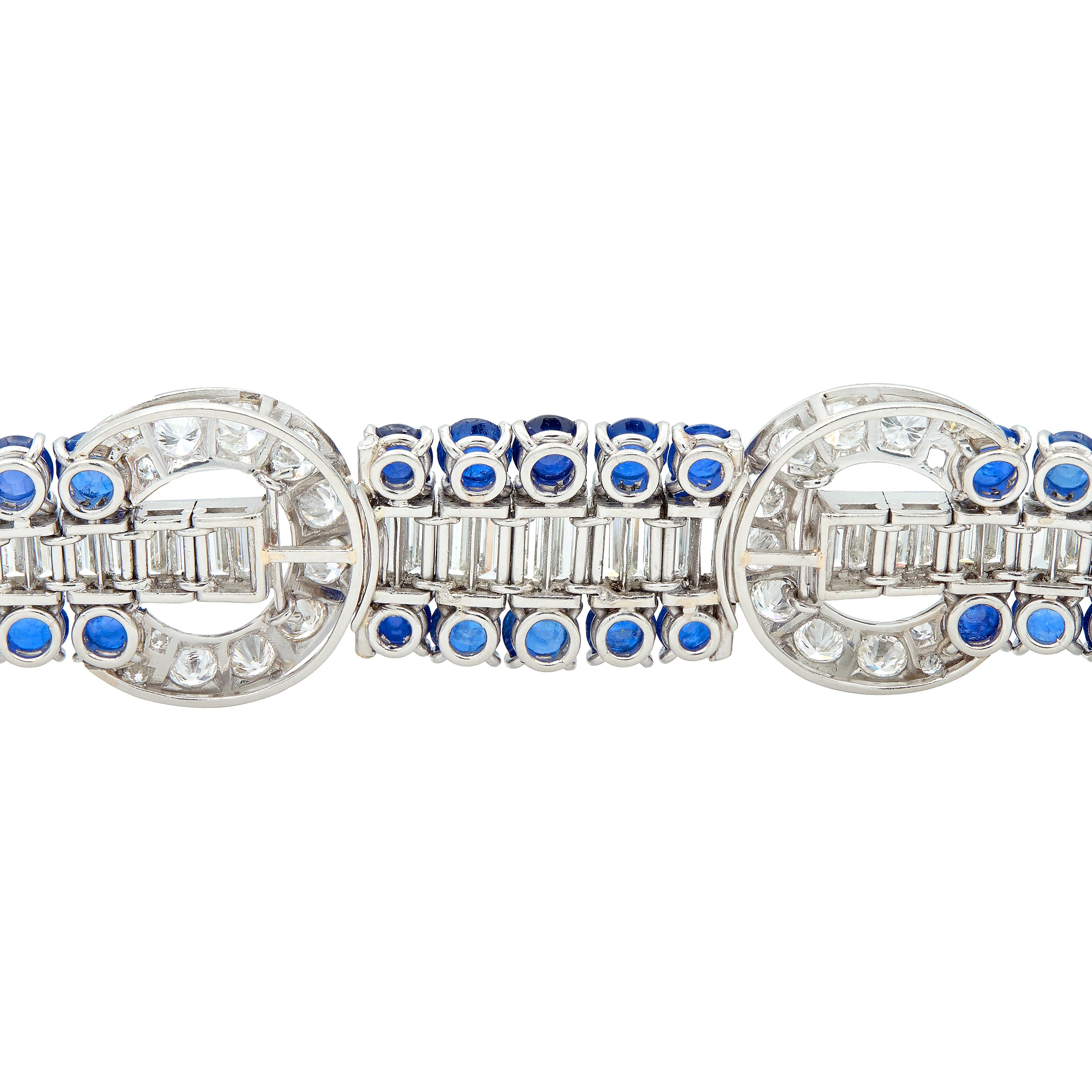 Art Deco 35.50 CTW Sapphire Diamond Platinum Vintage Buckle Line Bracelet