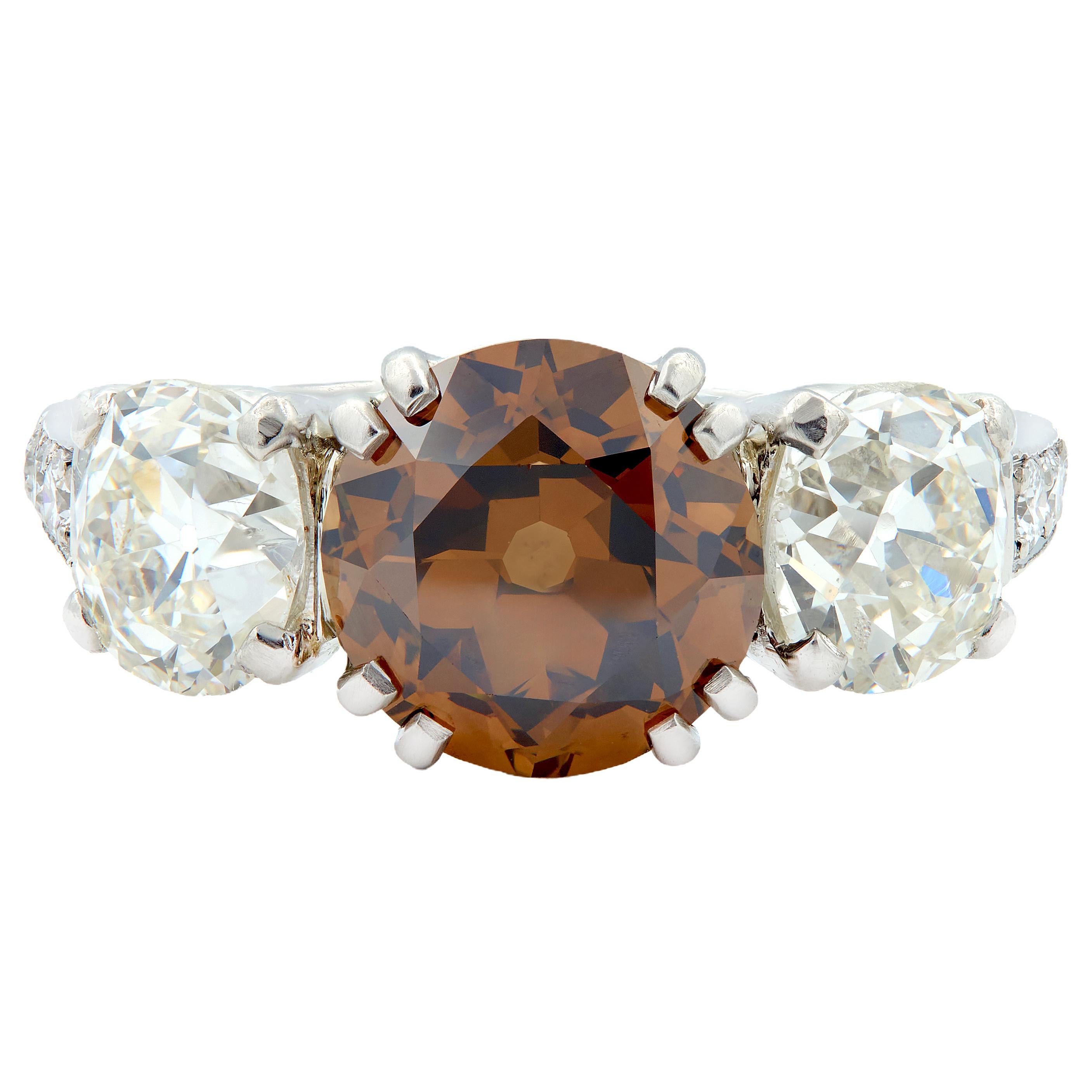Mid-Century 4.25 CTW Fancy Orangy Brown Diamond Platinum Vintage Engagement Ring