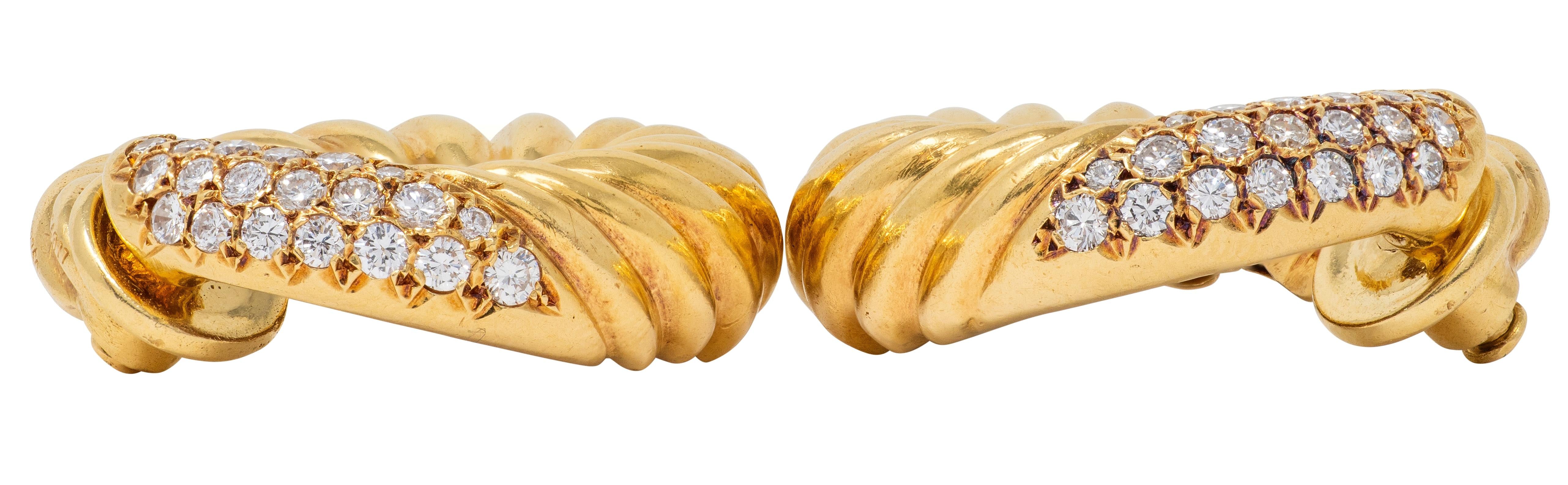Van Cleef & Arpels 1977 French Diamond 18K Gold Twist Hoop Ear-Clip Earrings