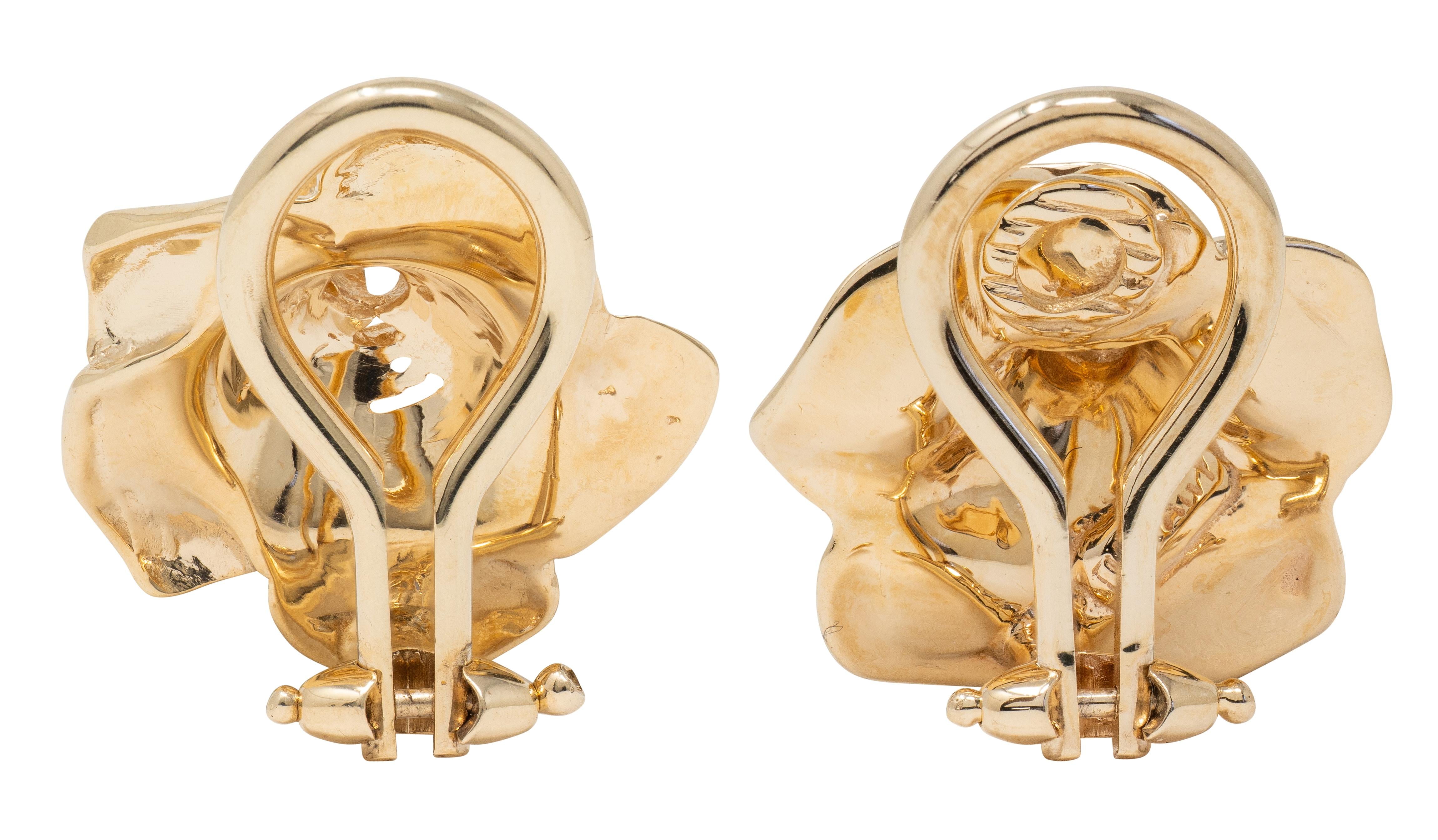 Tiffany & Co. 1990's Diamond 14 Karat Yellow Gold Vintage Rose Ear-Clip Earrings