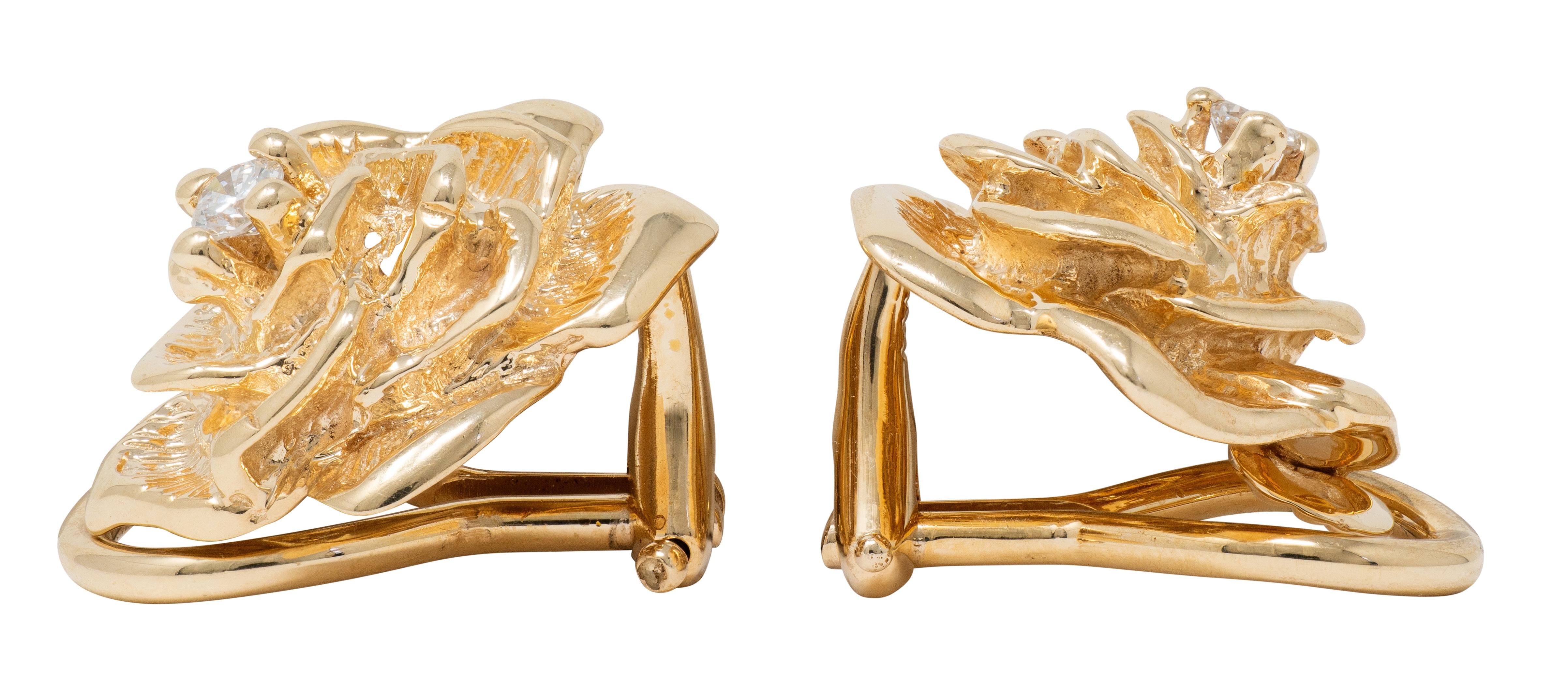 Tiffany & Co. 1990's Diamond 14 Karat Yellow Gold Vintage Rose Ear-Clip Earrings