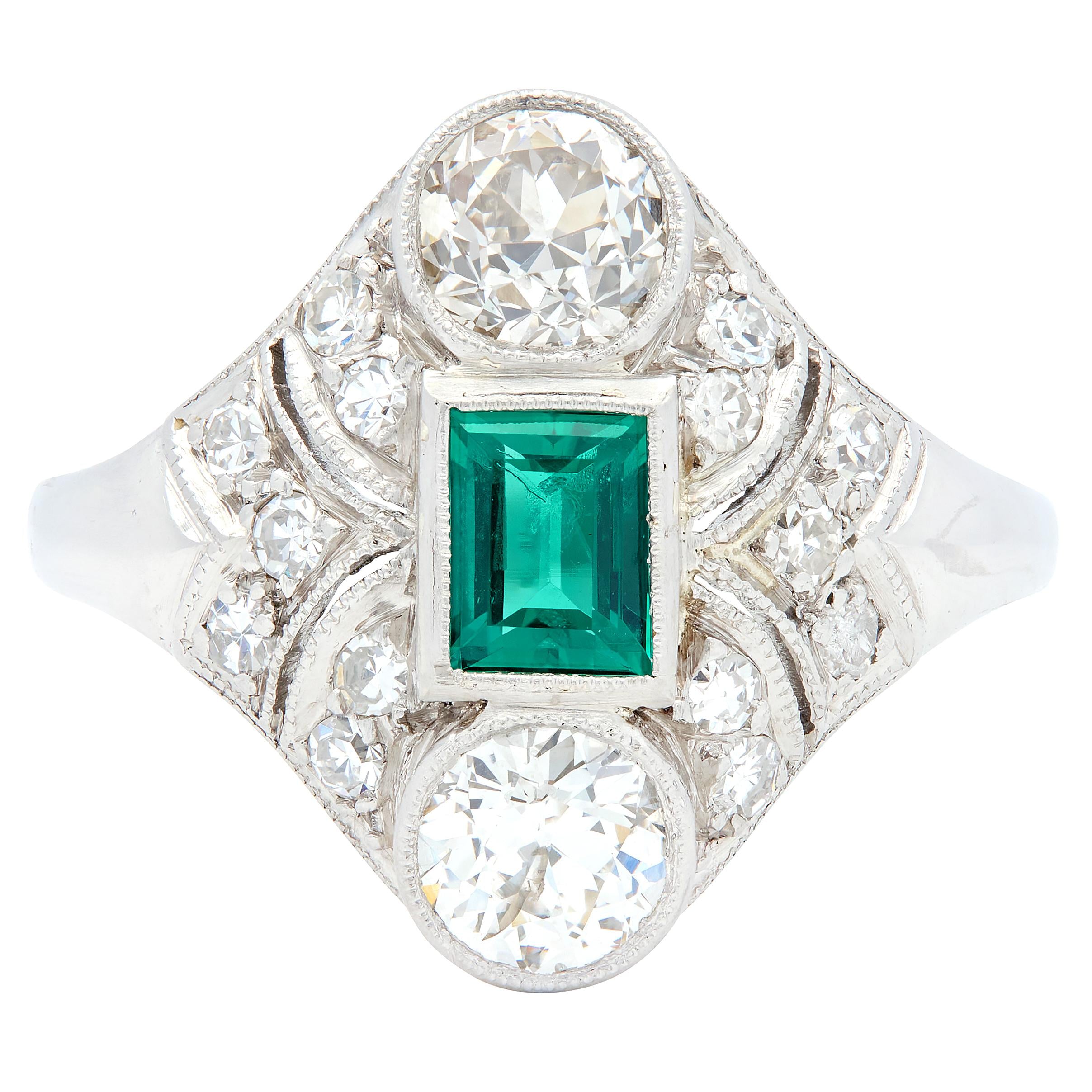 Art Deco 1.75 CTW Emerald Diamond Platinum Vintage Navette Dinner Ring