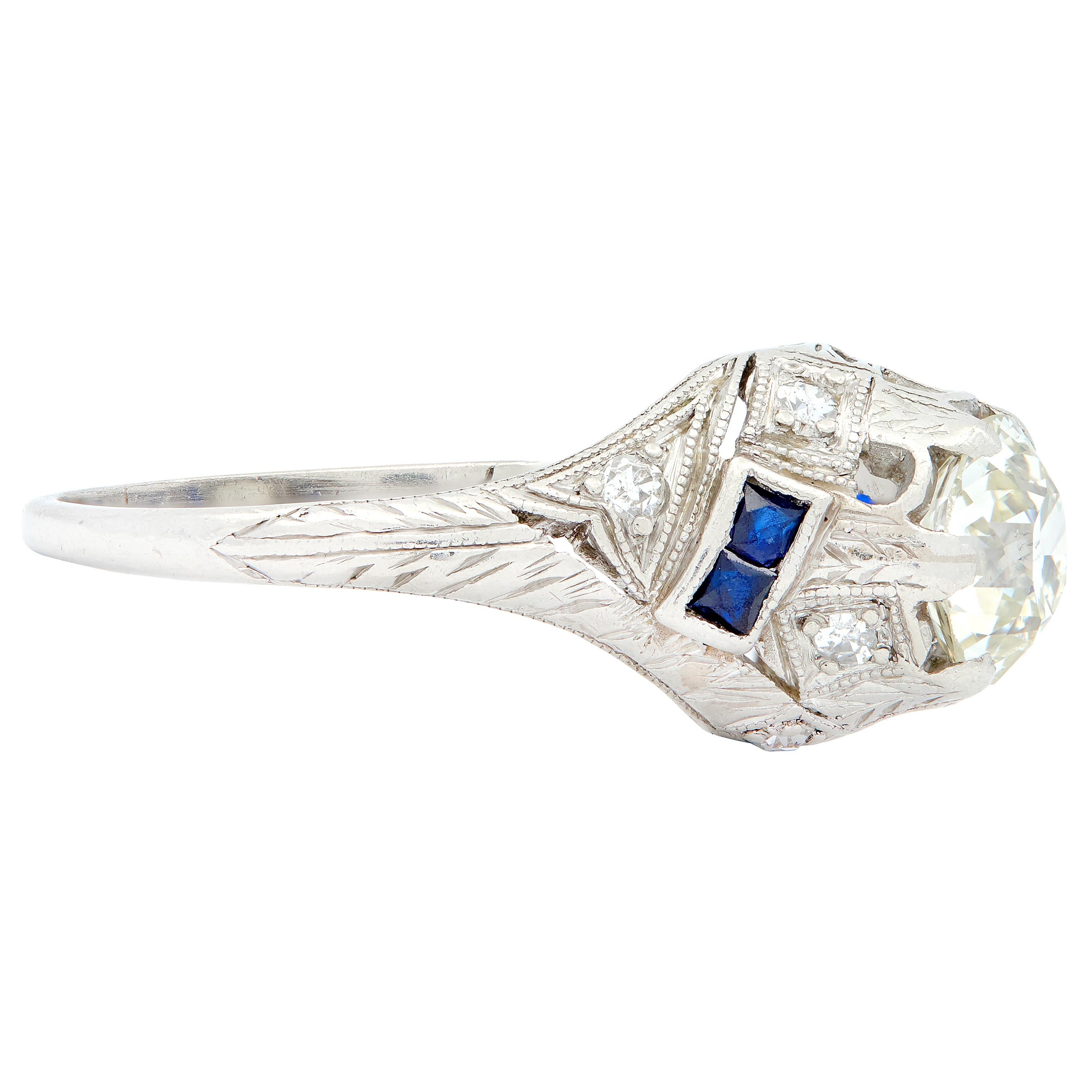 Art Deco 1.24 CTW Old European Diamond Sapphire Platinum Foliate Engagement Ring